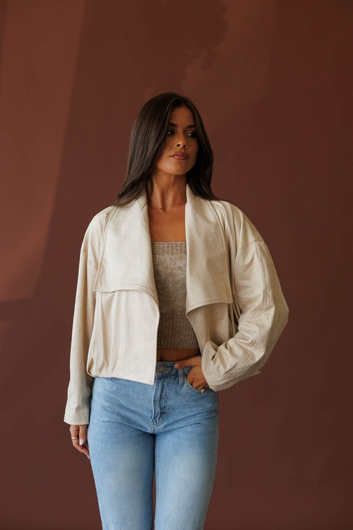 Beige suede jacket, front view