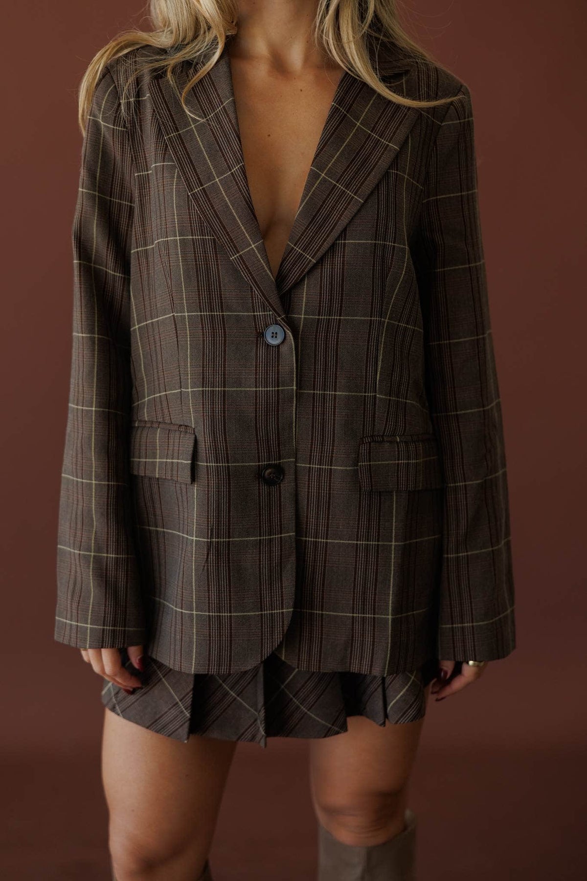 Board Meeting Plaid Blazer, front view of the open blazer and notched lapels