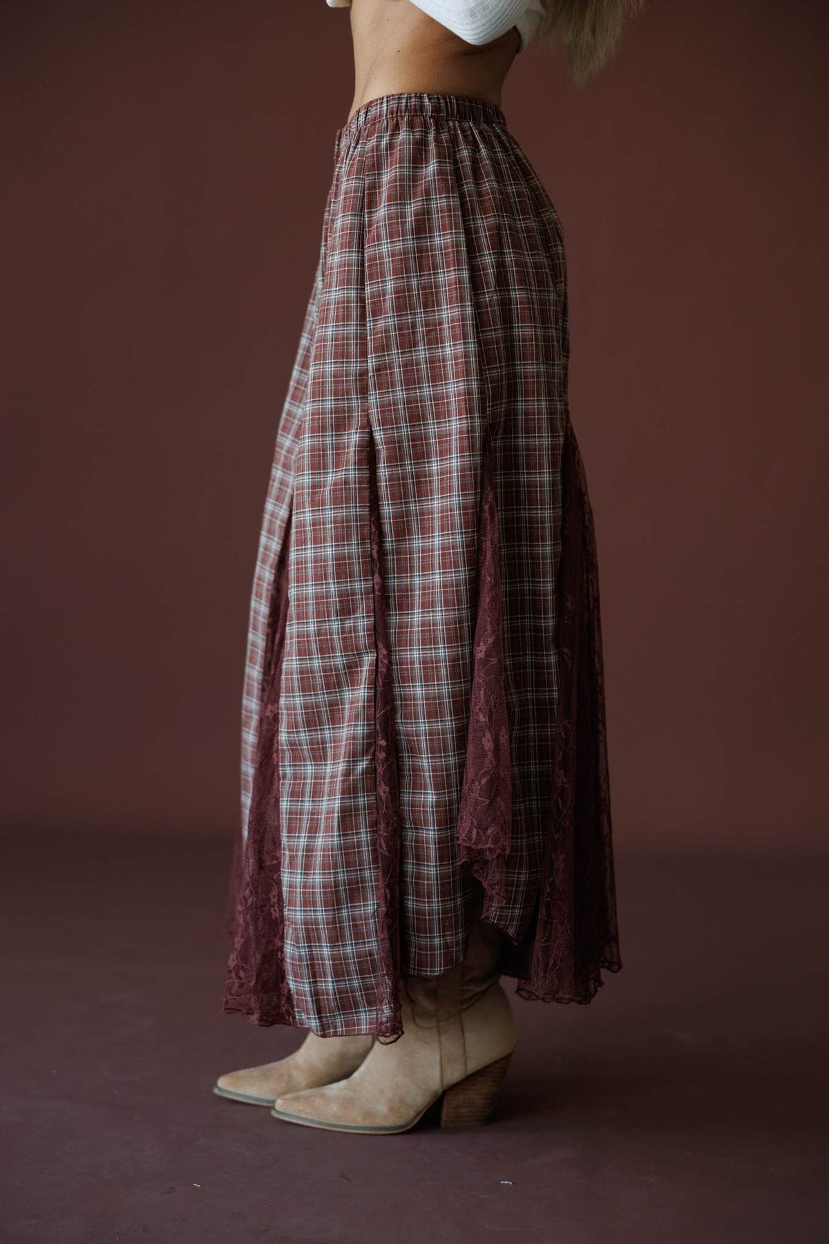 November Novel Plaid Skirt in mulberry, side view showing the plaid and lace maxi