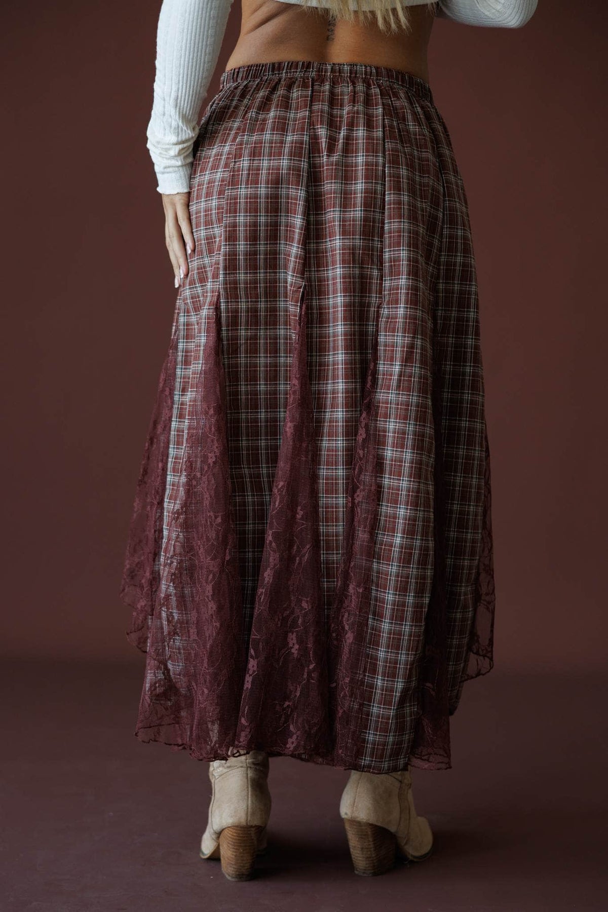 November Novel Plaid Skirt in mulberry, back view showing the elastic waist and lace panels