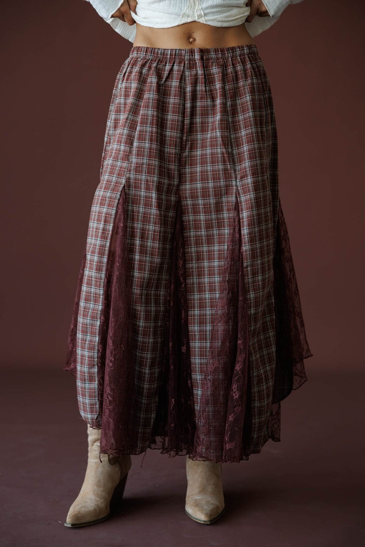 November Novel Plaid Skirt in mulberry, front close-up of the elastic waist and plaid maxi