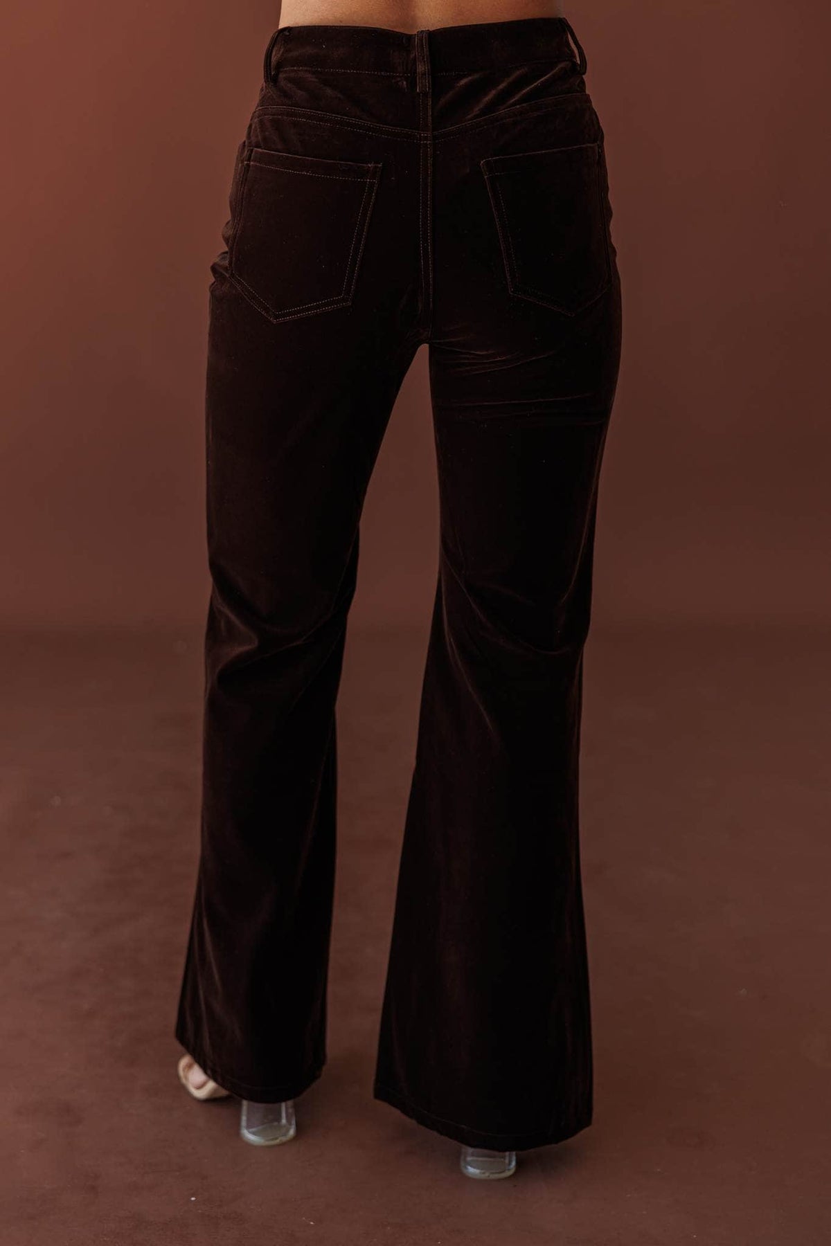 After Dark Velvet Flare Pants, in chocolate, front view of the velvet flare