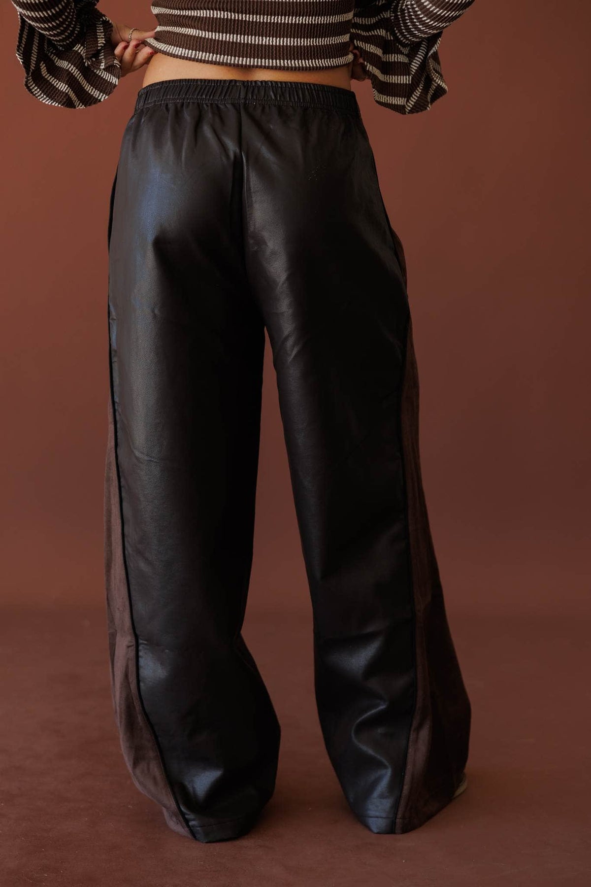 Expedition Suede Pants, in chocolate, back view of the wide leg