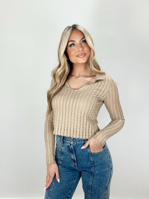 Collared Ribbed Top - Beige - Ladies