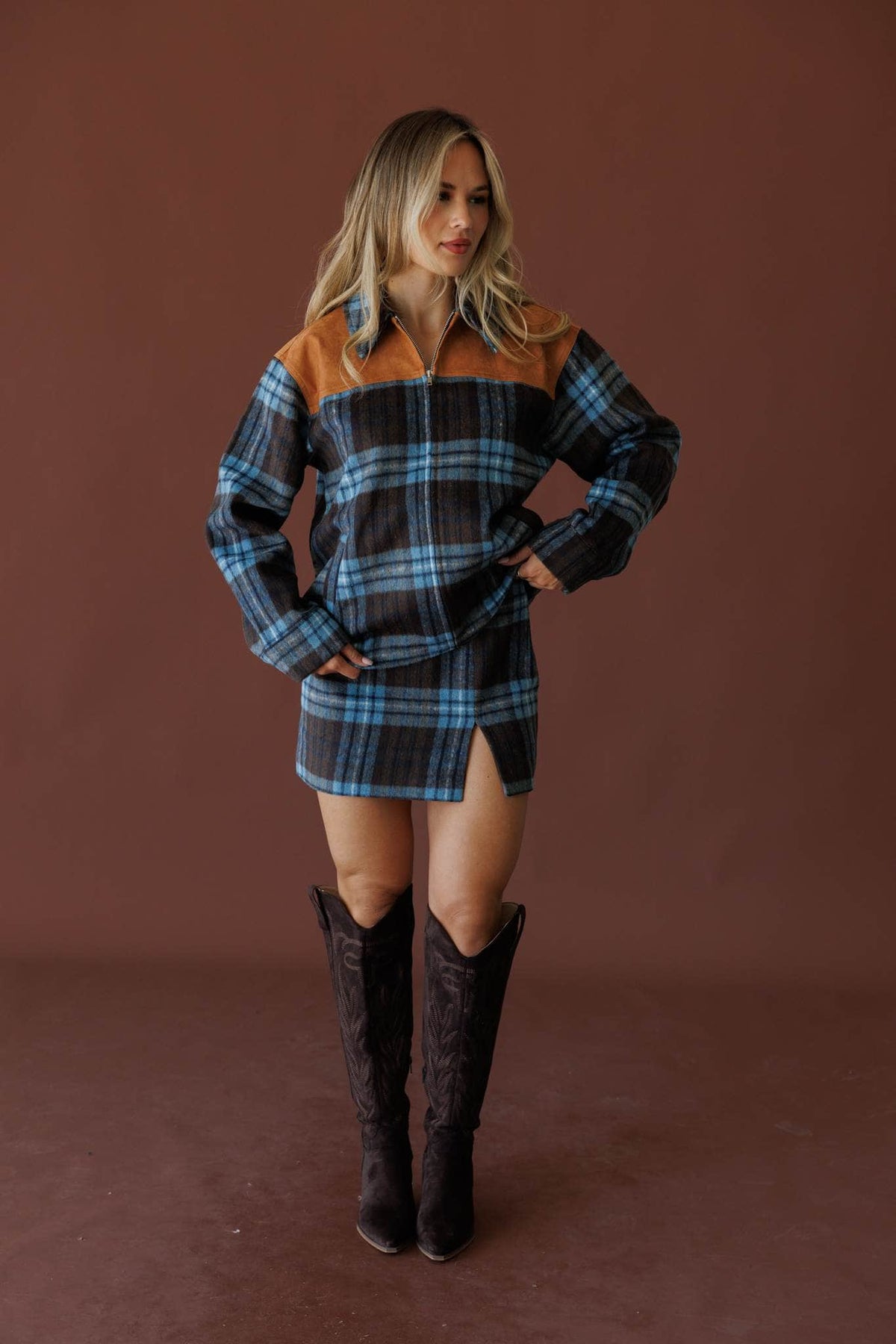 Blue plaid shirt jacket