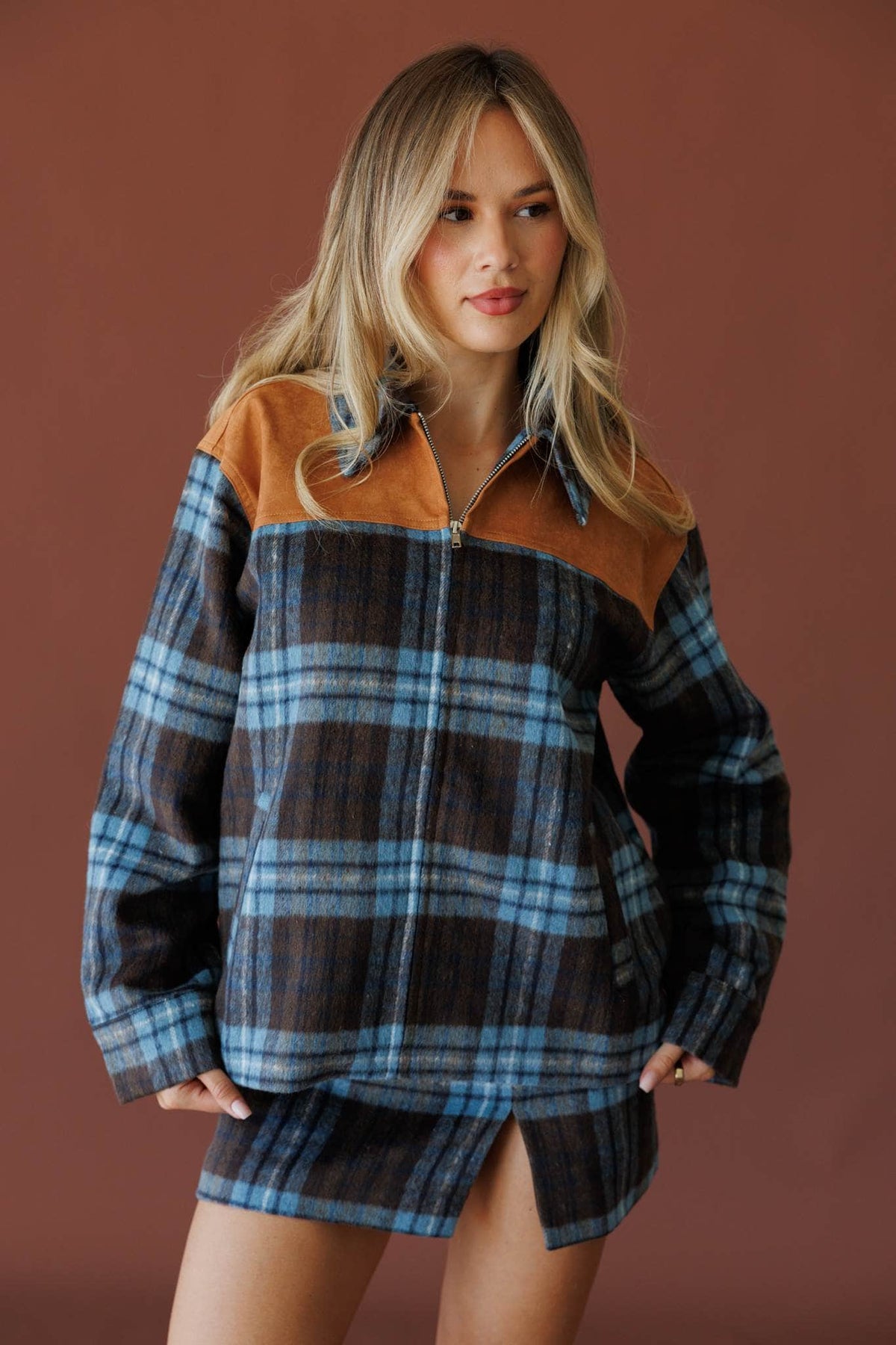 Blue plaid shirt jacket