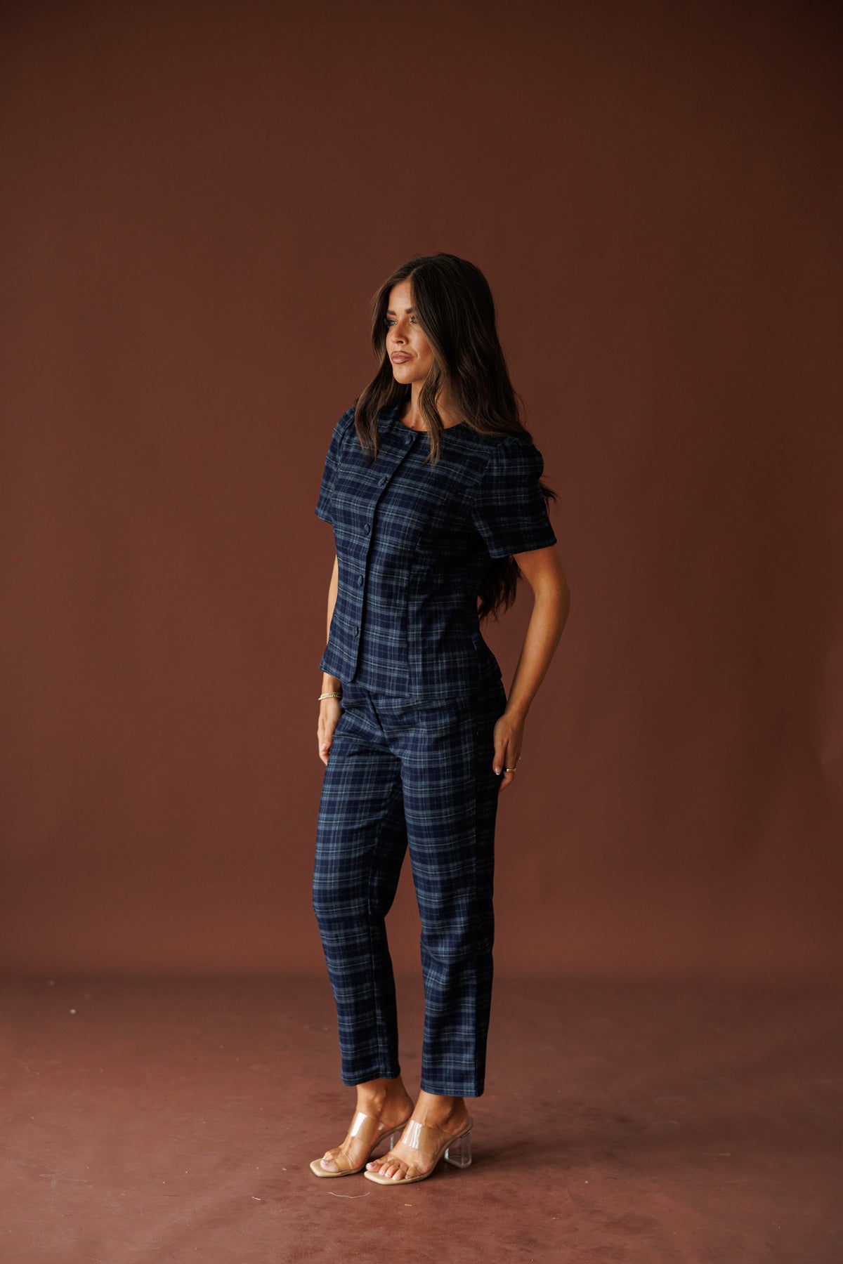 The Socialite Top in teal plaid, full-length view of the matching two-piece set