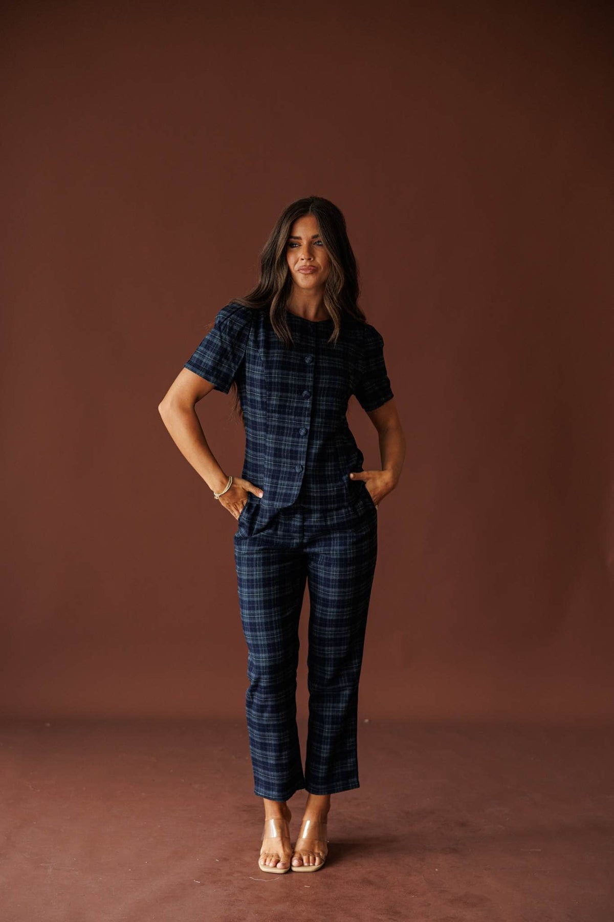 The Socialite Top in teal plaid, full-length view with the matching plaid pants