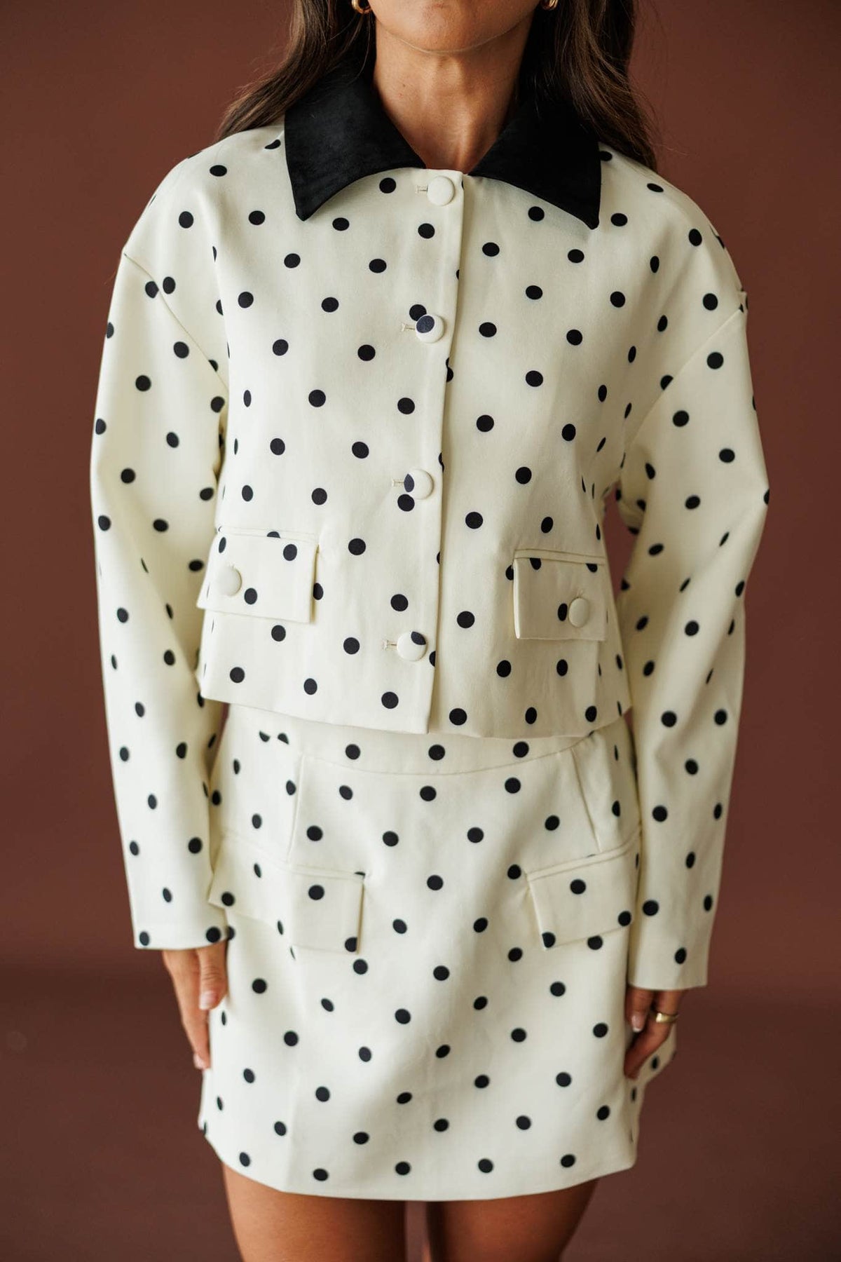 Private Party Jacket in cream black dot, front view of the matching jacket and skirt set