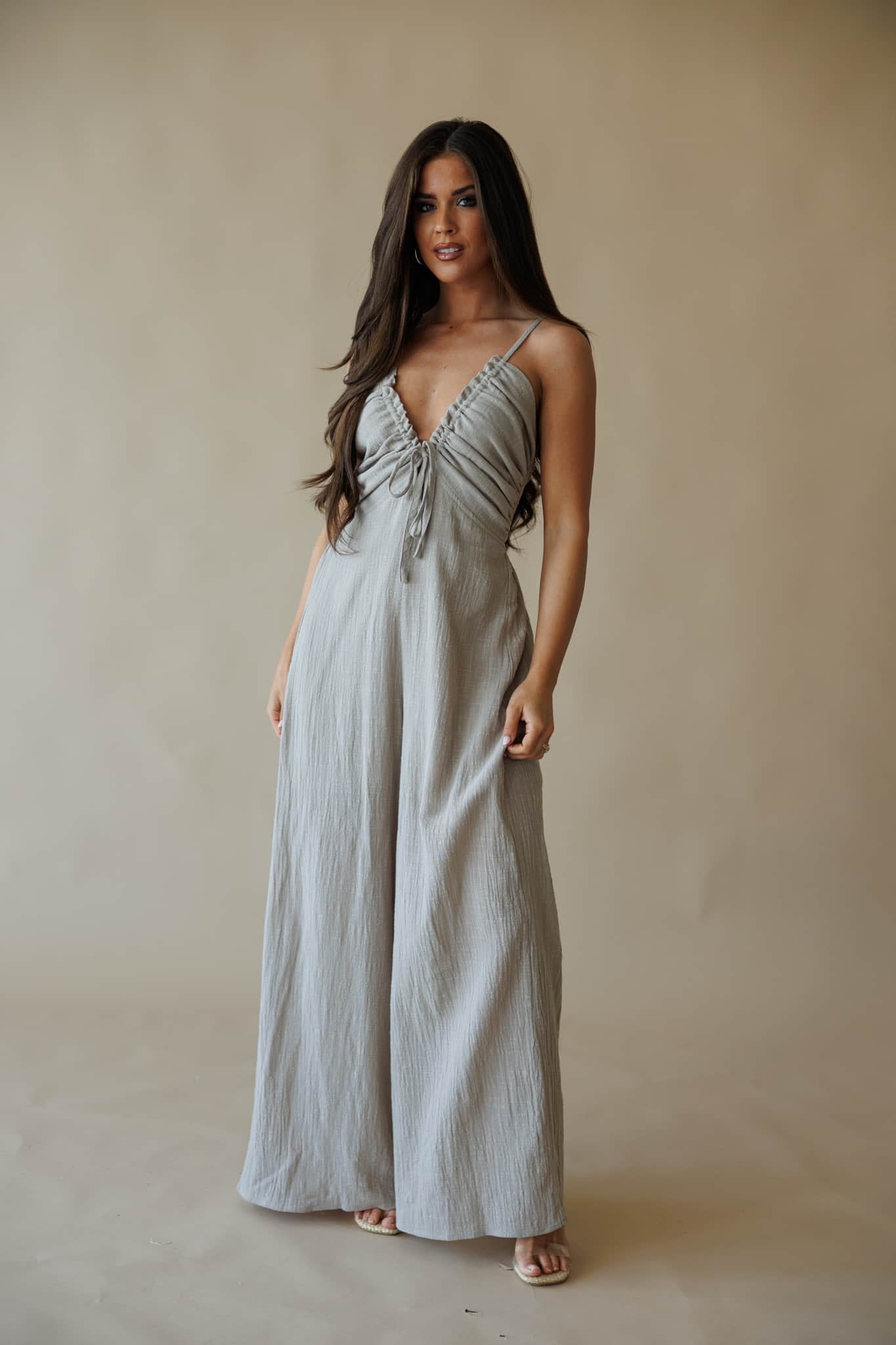 Woven V-Neck Jumpsuit with Tie Back | Lane 201