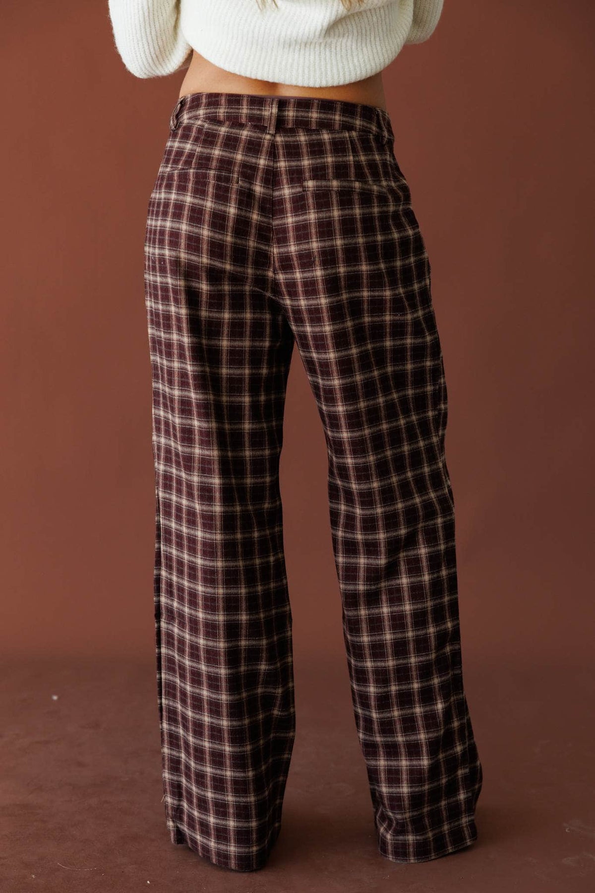 Burgundy plaid wide leg trousers