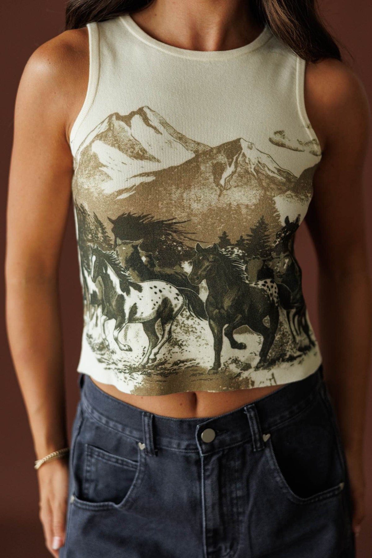 Open Range Graphic Knit Tank in beige, front view showing the graphic knit tank