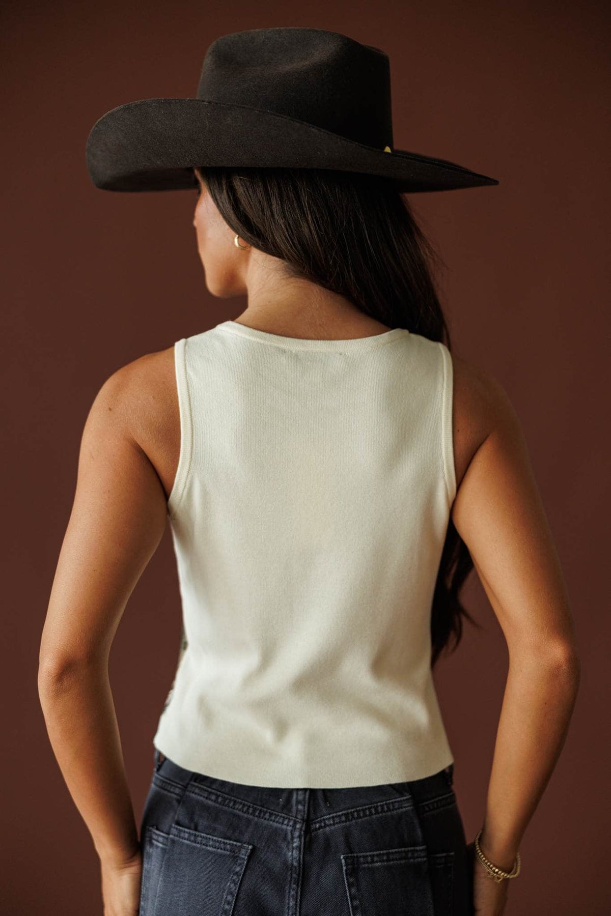 Open Range Graphic Knit Tank in beige, back view showing the sleeveless knit tank