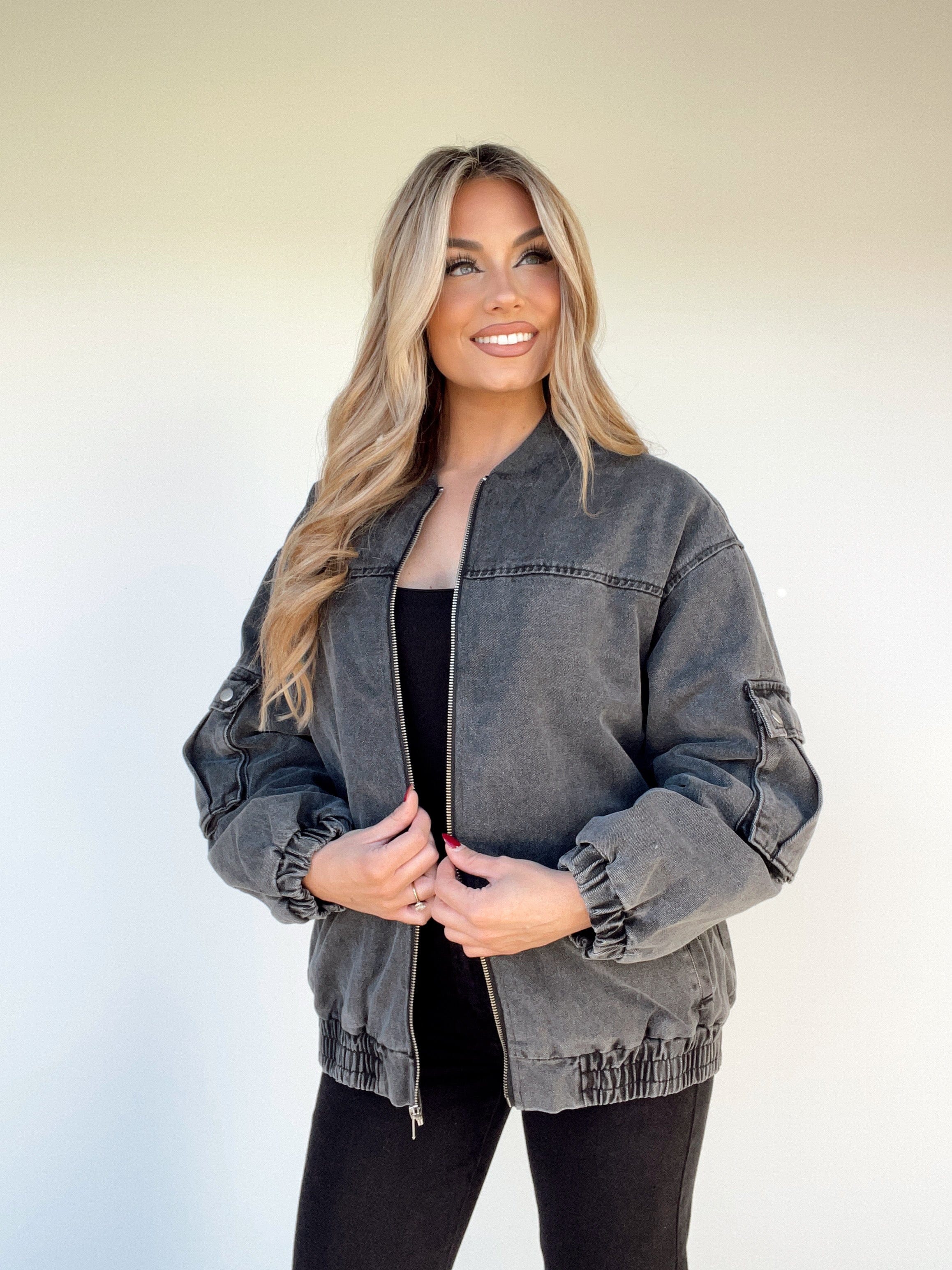 Oversized Denim Bomber Jacket S Black