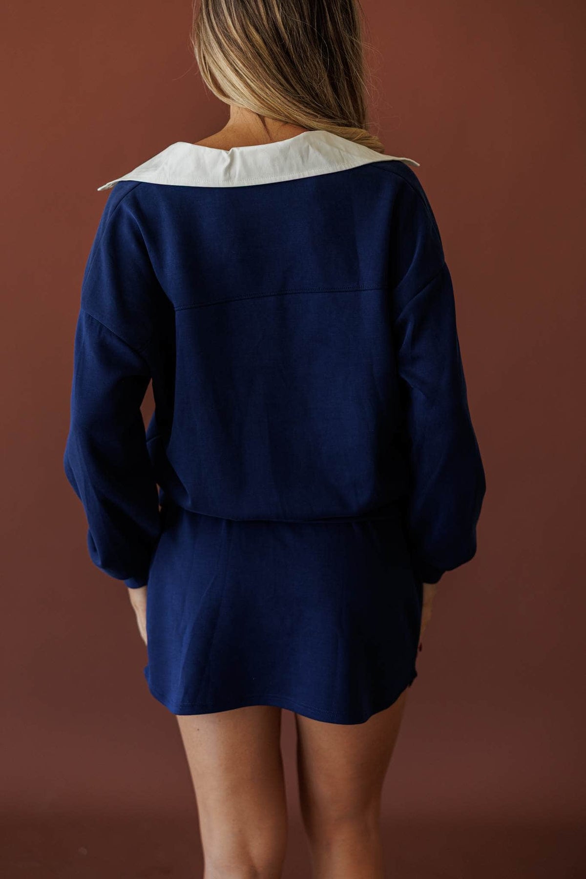 Overtime Scuba Top, in navy, back view of the pullover