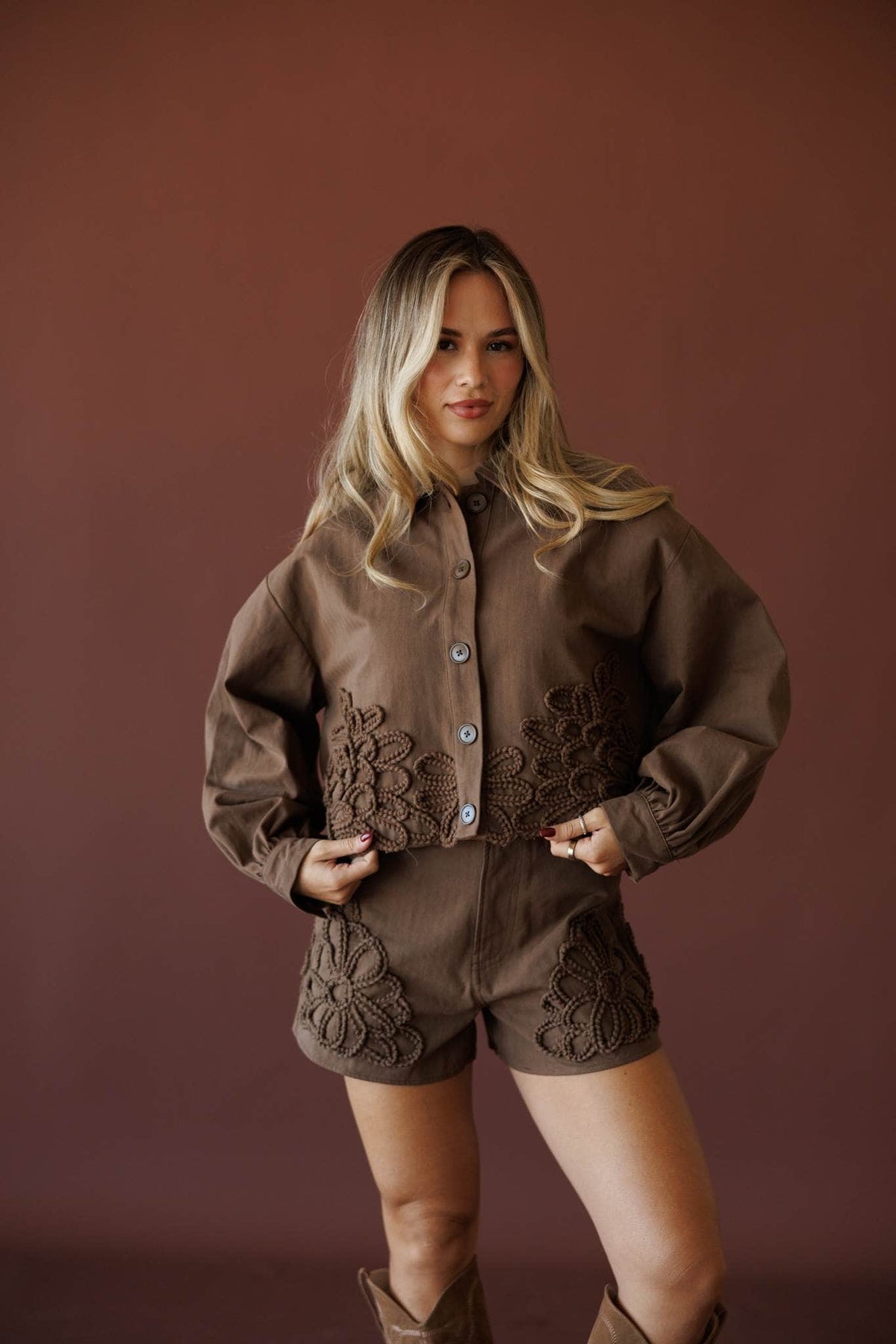 Wildflower Utility Shorts, in brown, back view of the shorts and pocket detail