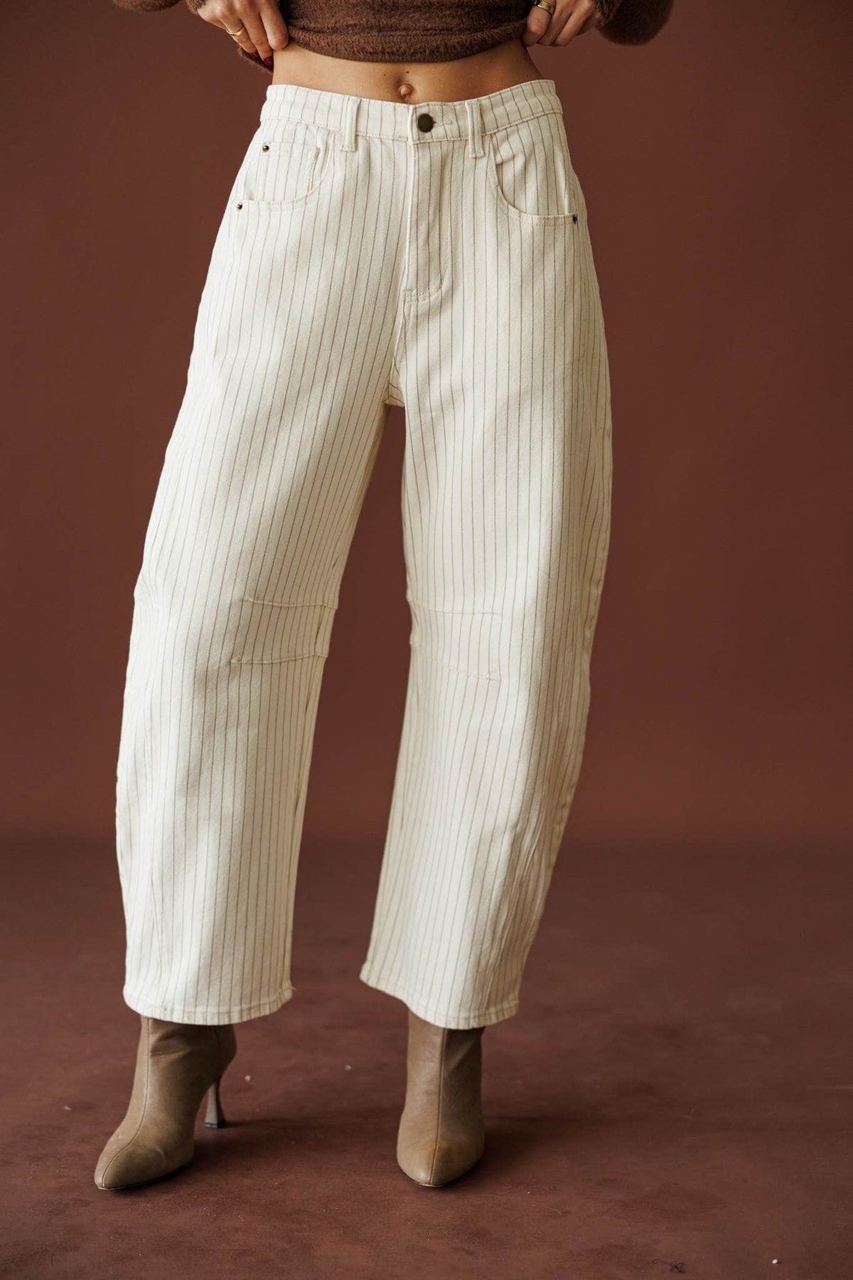 Astor Pinstripe Pants, in cream, front view of the pinstripe barrel pants