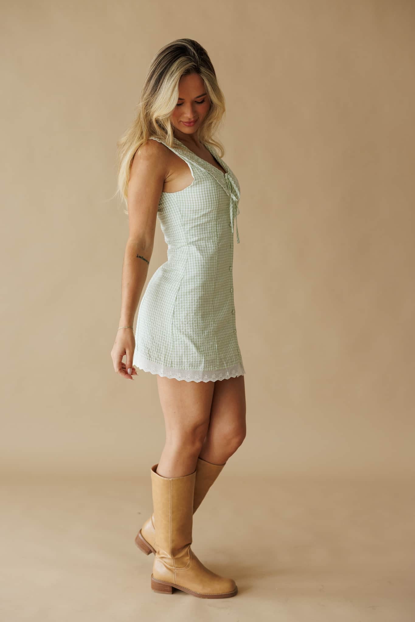 Light Green Gingham Mini Dress
