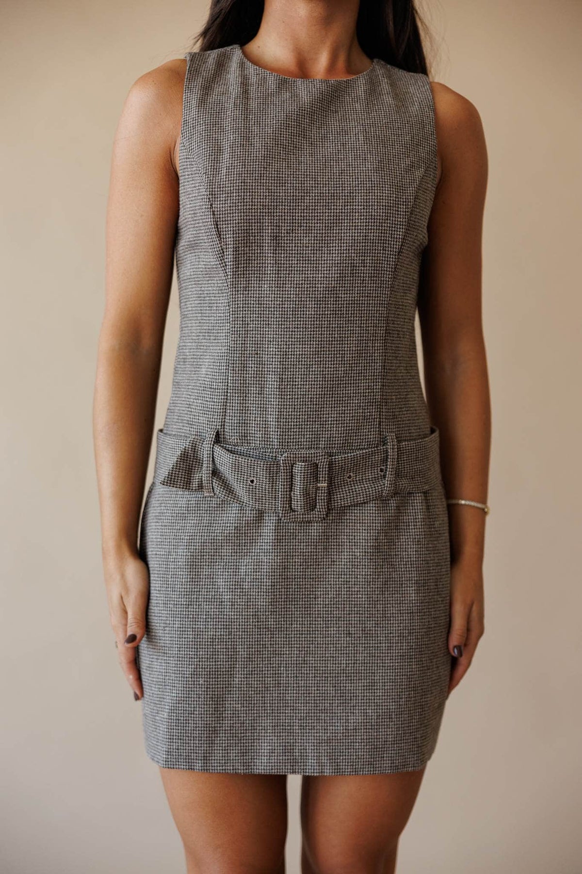 Brown houndstooth sleeveless mini dress
