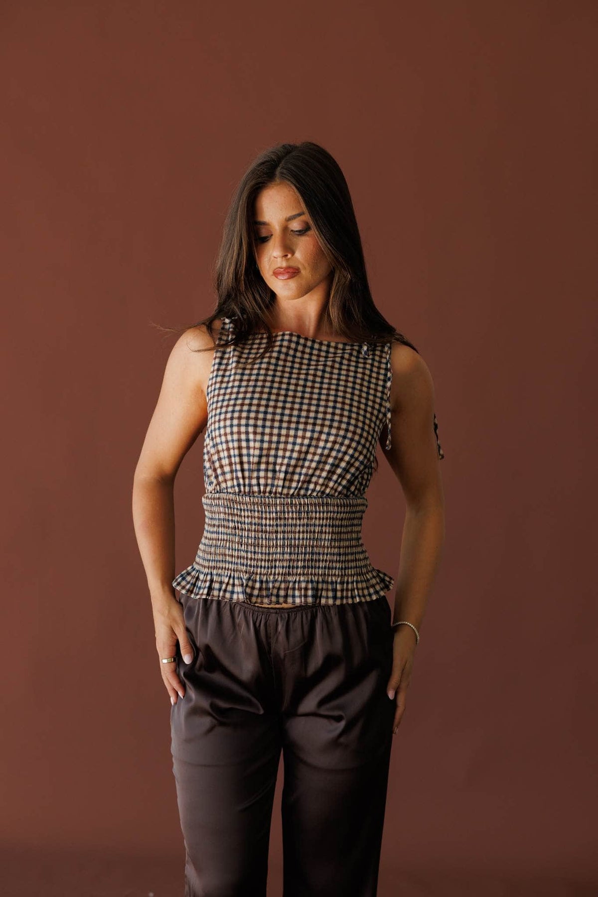 Brown check smocked sleeveless top, front view