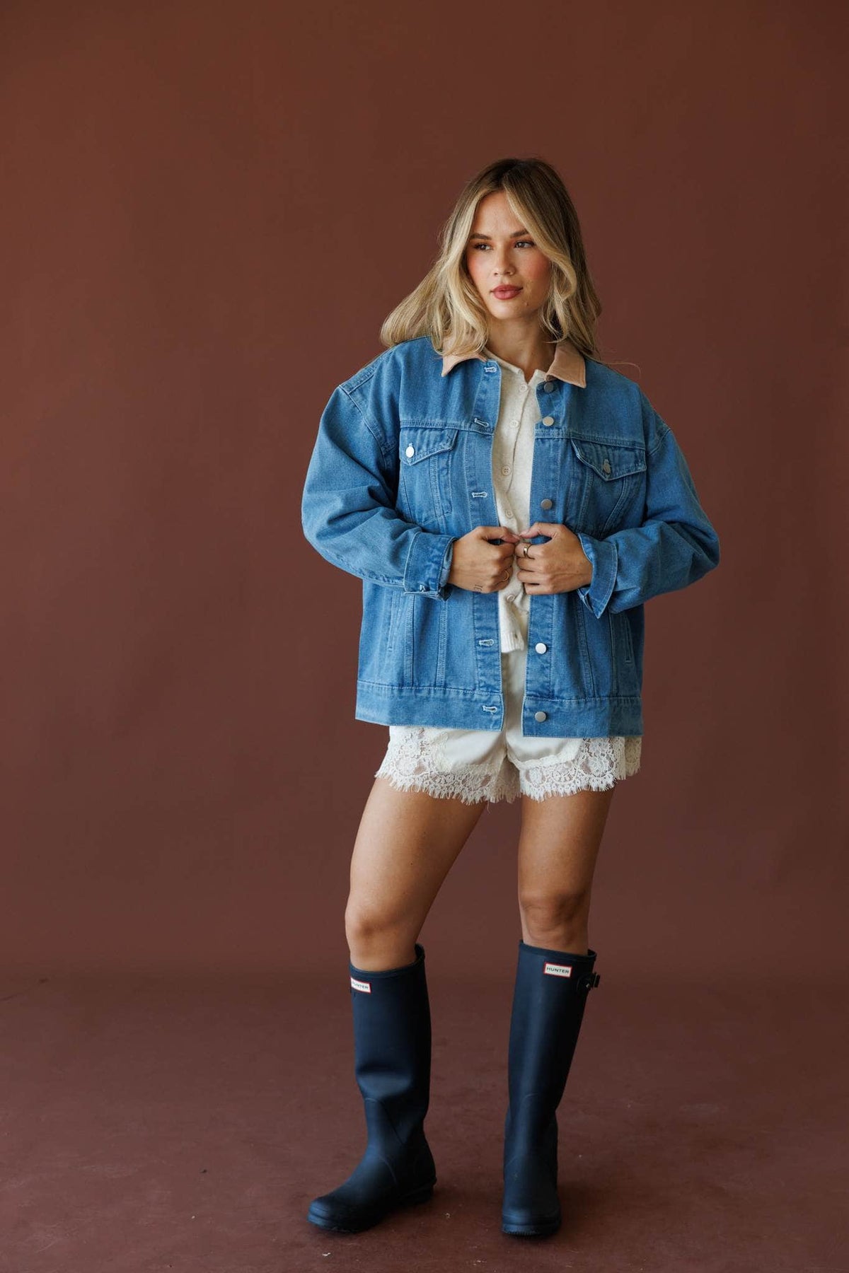 Denim and taupe jacket, front view