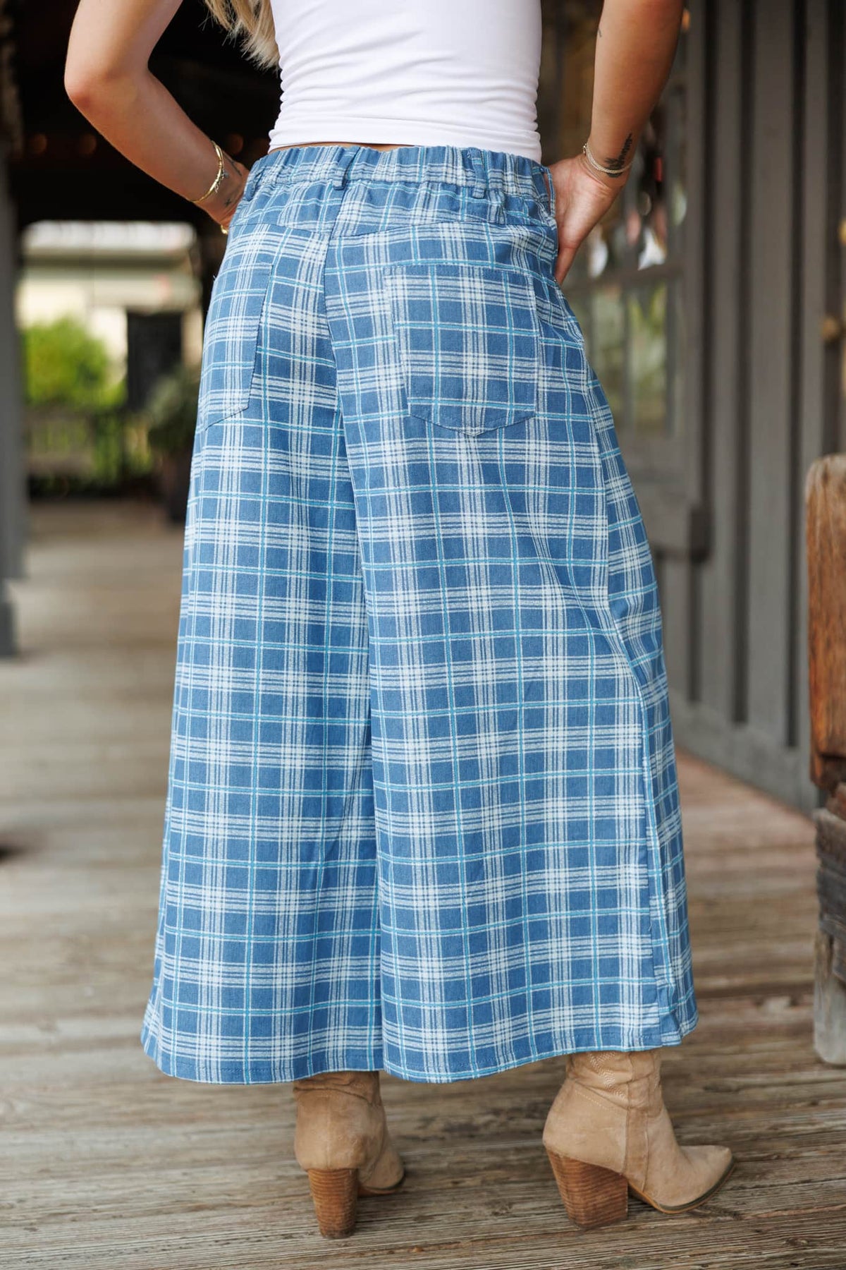 Plaid Denim Cropped Wide Leg Pants in denim plaid, back view showing the cropped wide leg