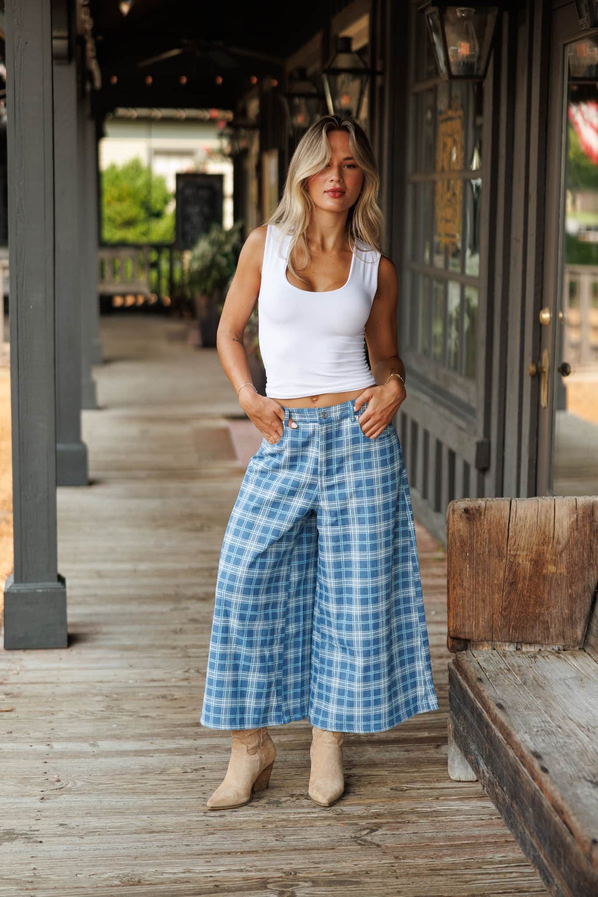 Plaid Denim Cropped Wide Leg Pants in denim plaid, full-length view on model with boots