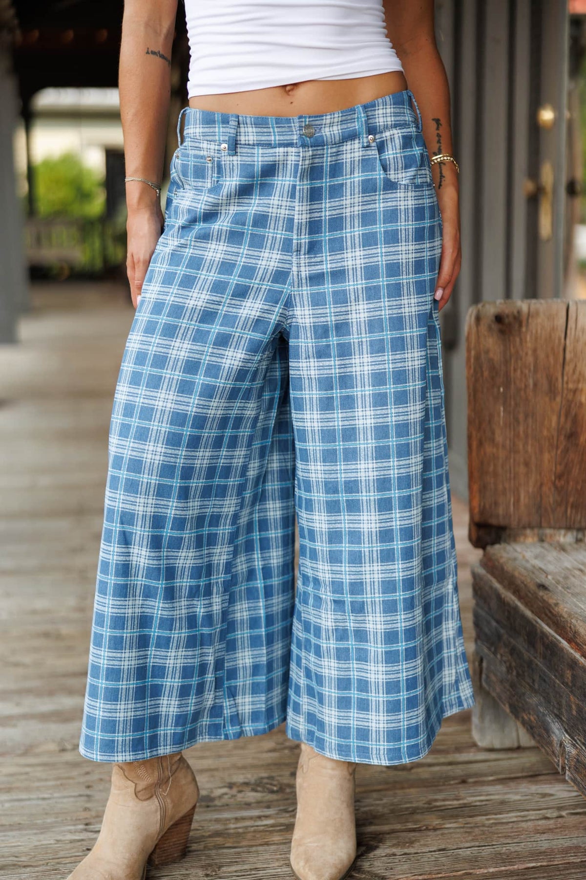 Plaid Denim Cropped Wide Leg Pants in denim plaid, front close-up of the high waist