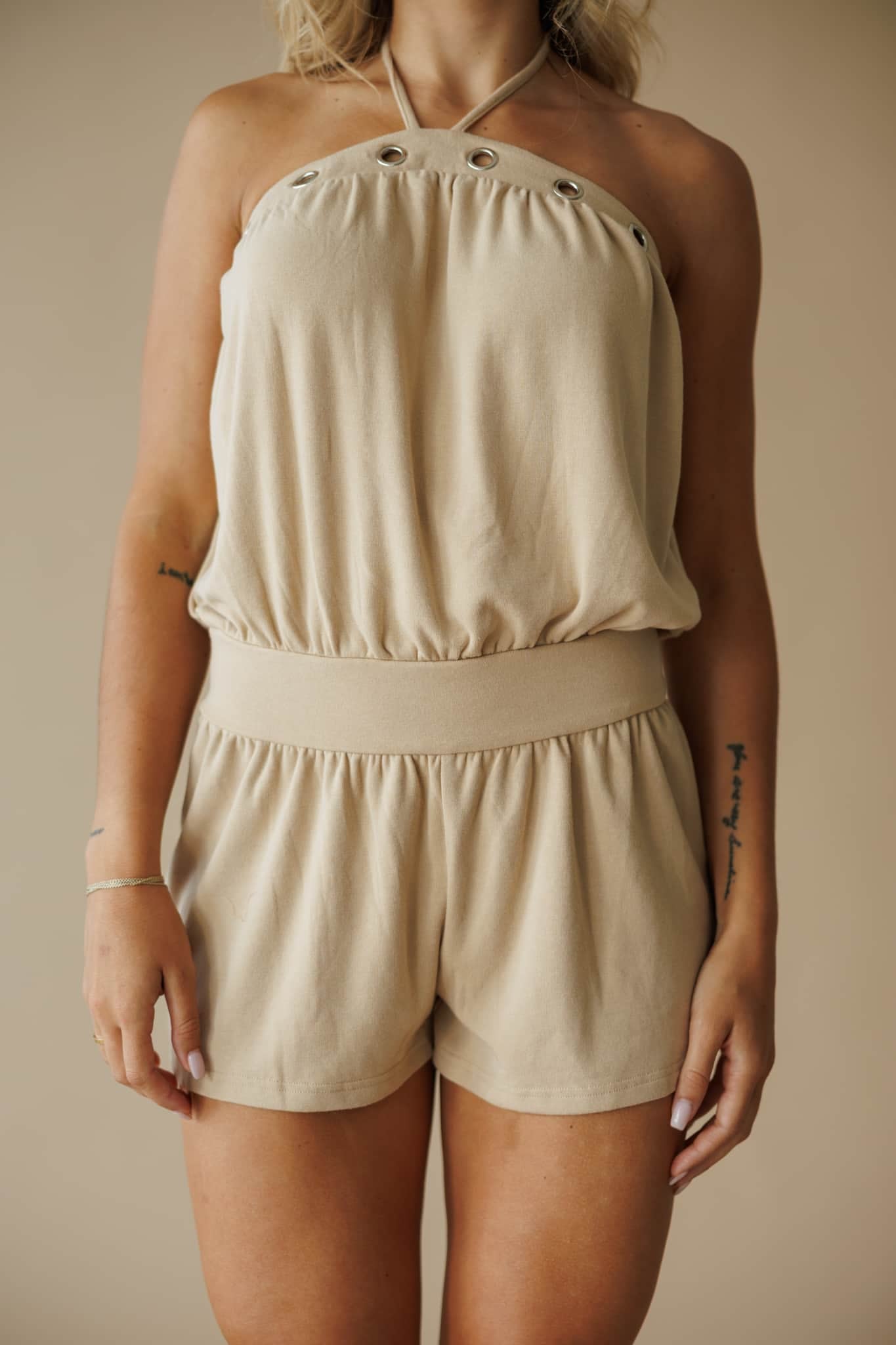 Tan Eyelet Halter Neck Romper