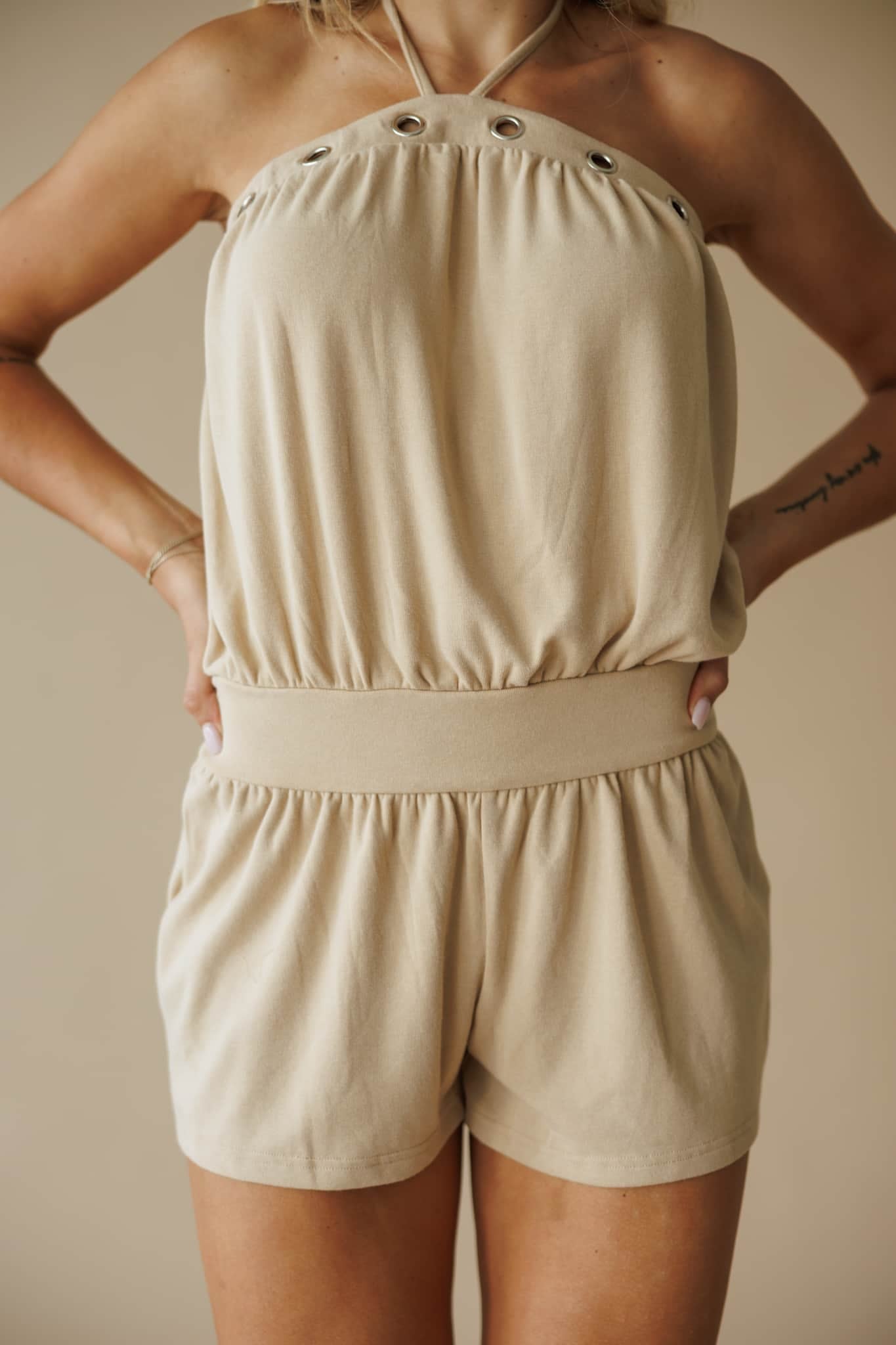 Tan Eyelet Halter Neck Romper