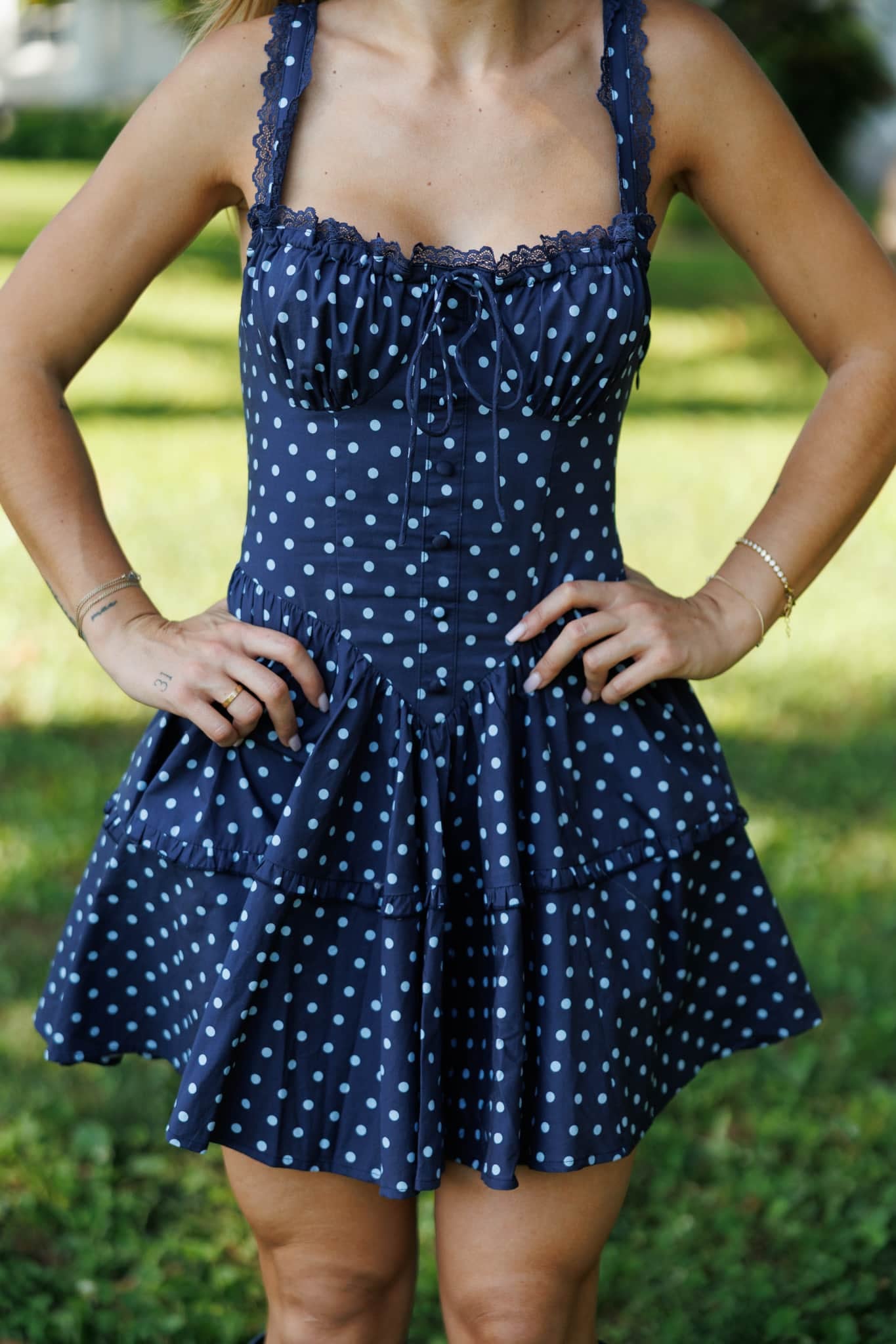 Navy Lace Polkadot Corset Dress