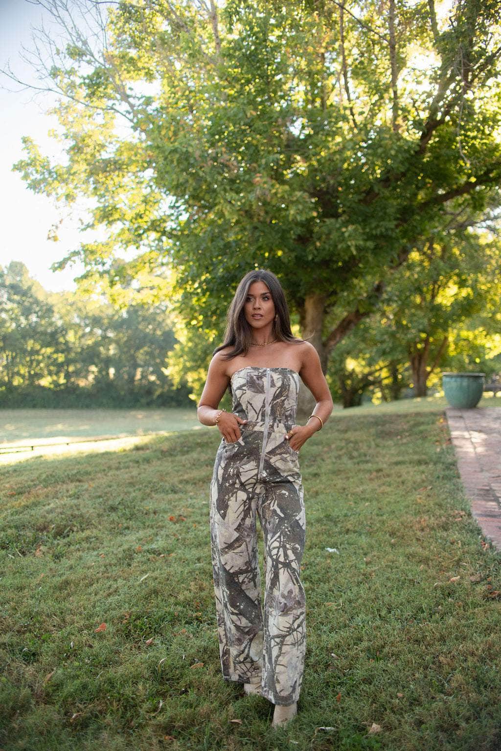 Camo Printed Denim Jumpsuit