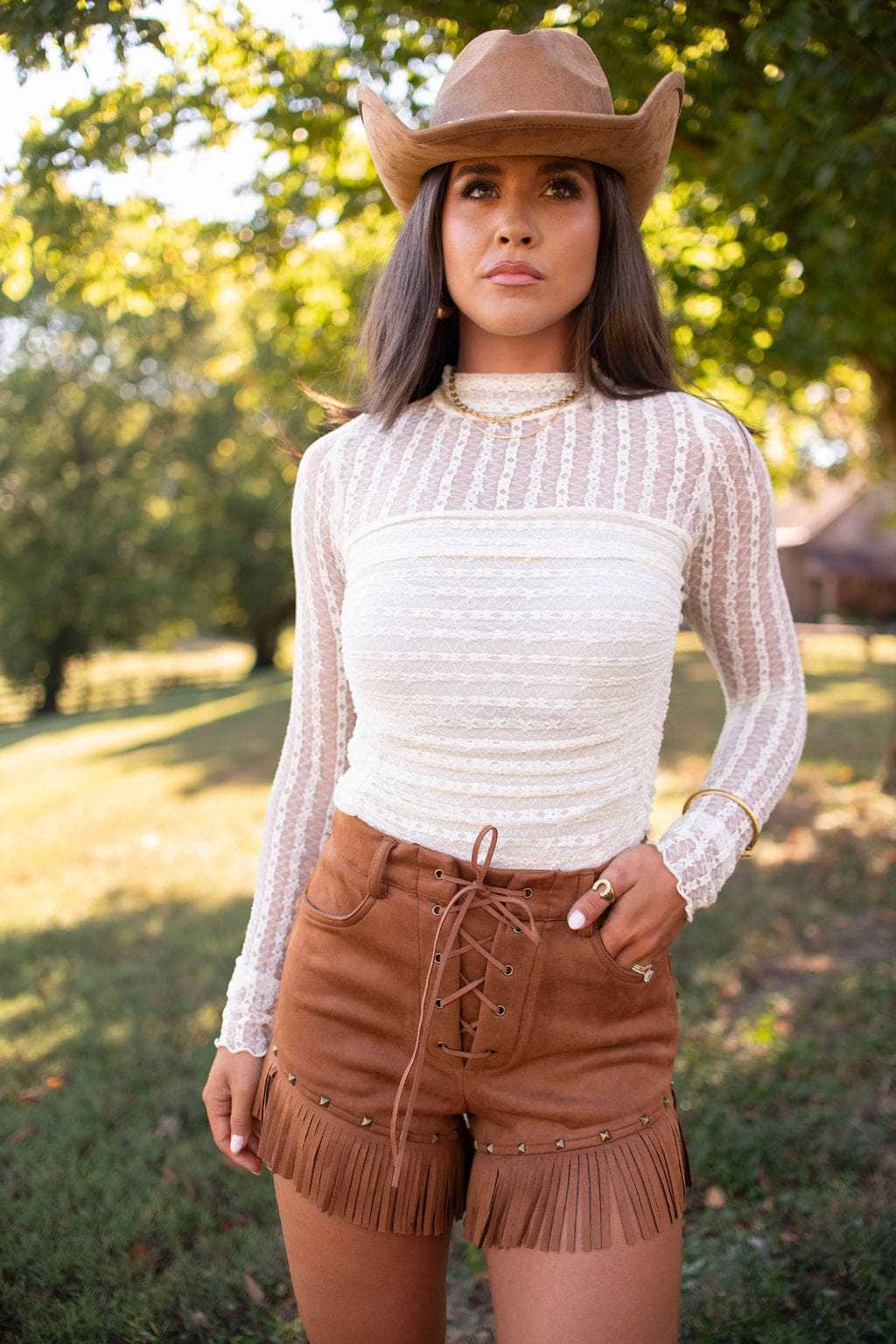 Suede Lace-Up Fringe Shorts | Women's Camel Shorts | Lane 201