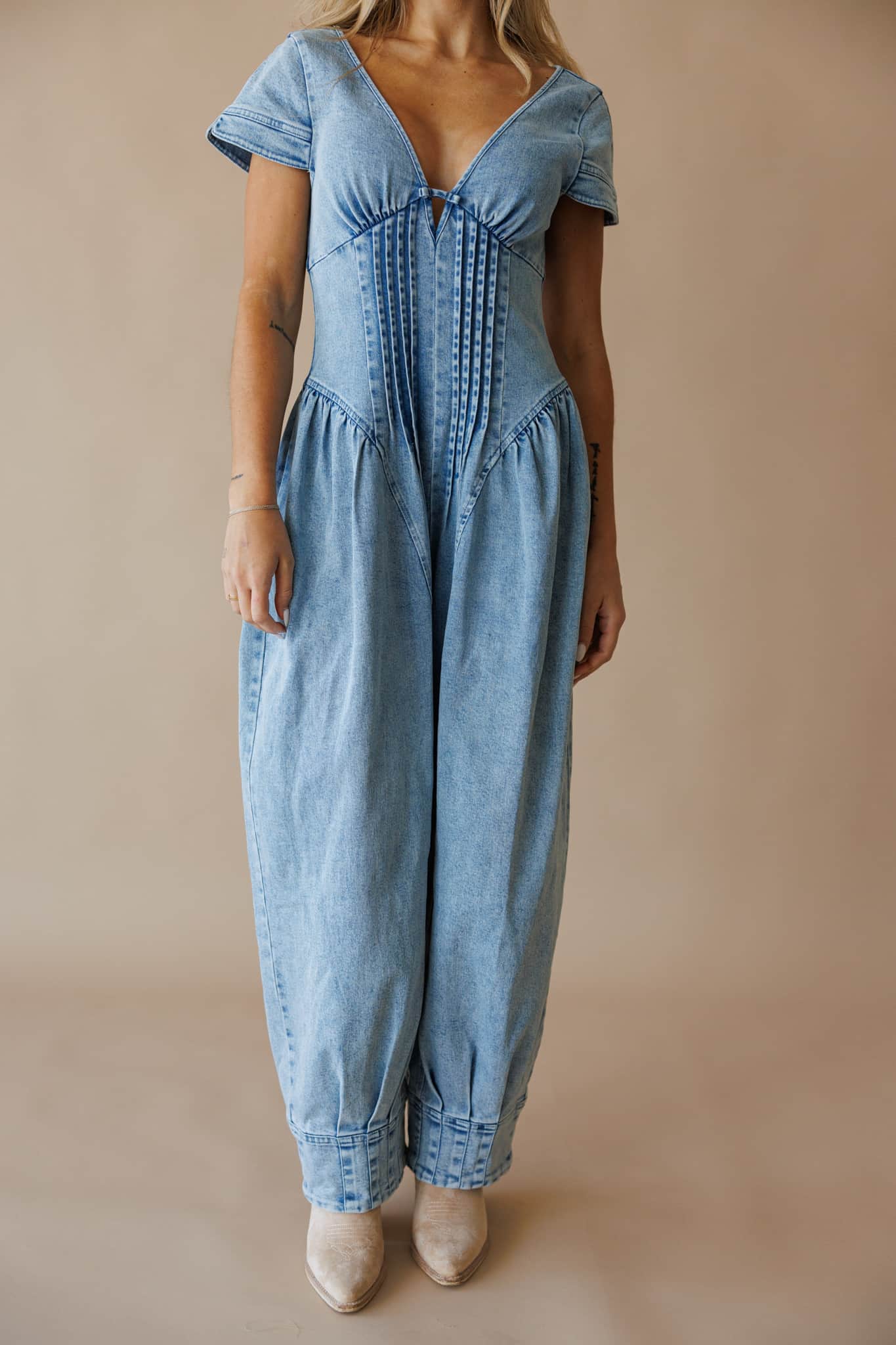 Short Sleeve Denim Jumpsuit | Barrel Leg Pintuck Outfit | Lane 201