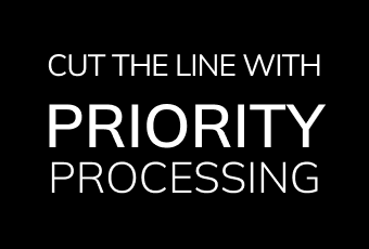 Priority Processing graphic reading CUT THE LINE WITH PRIORITY PROCESSING in white on black