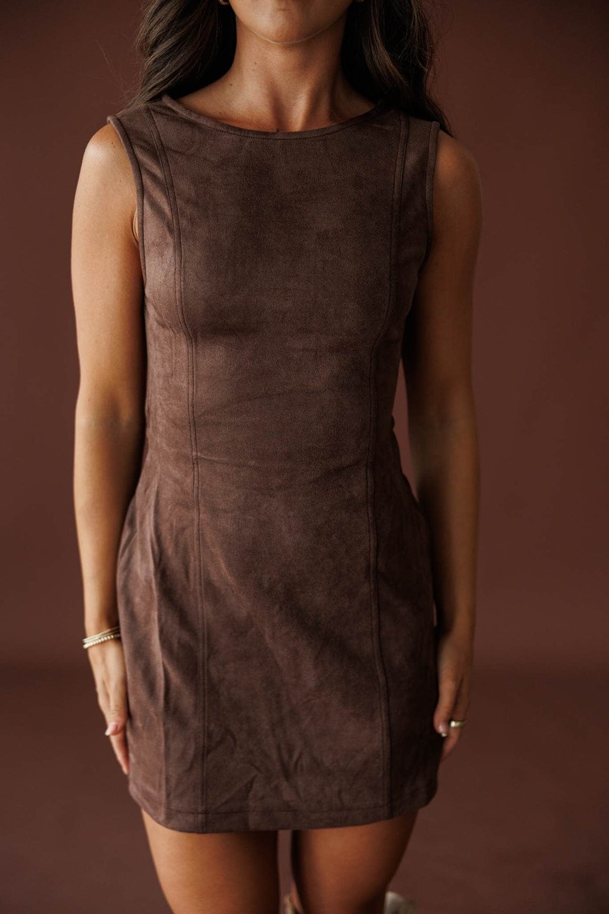 Saddle Up Suede Mini Dress in chocolate, front close-up of the sleeveless suede mini dress