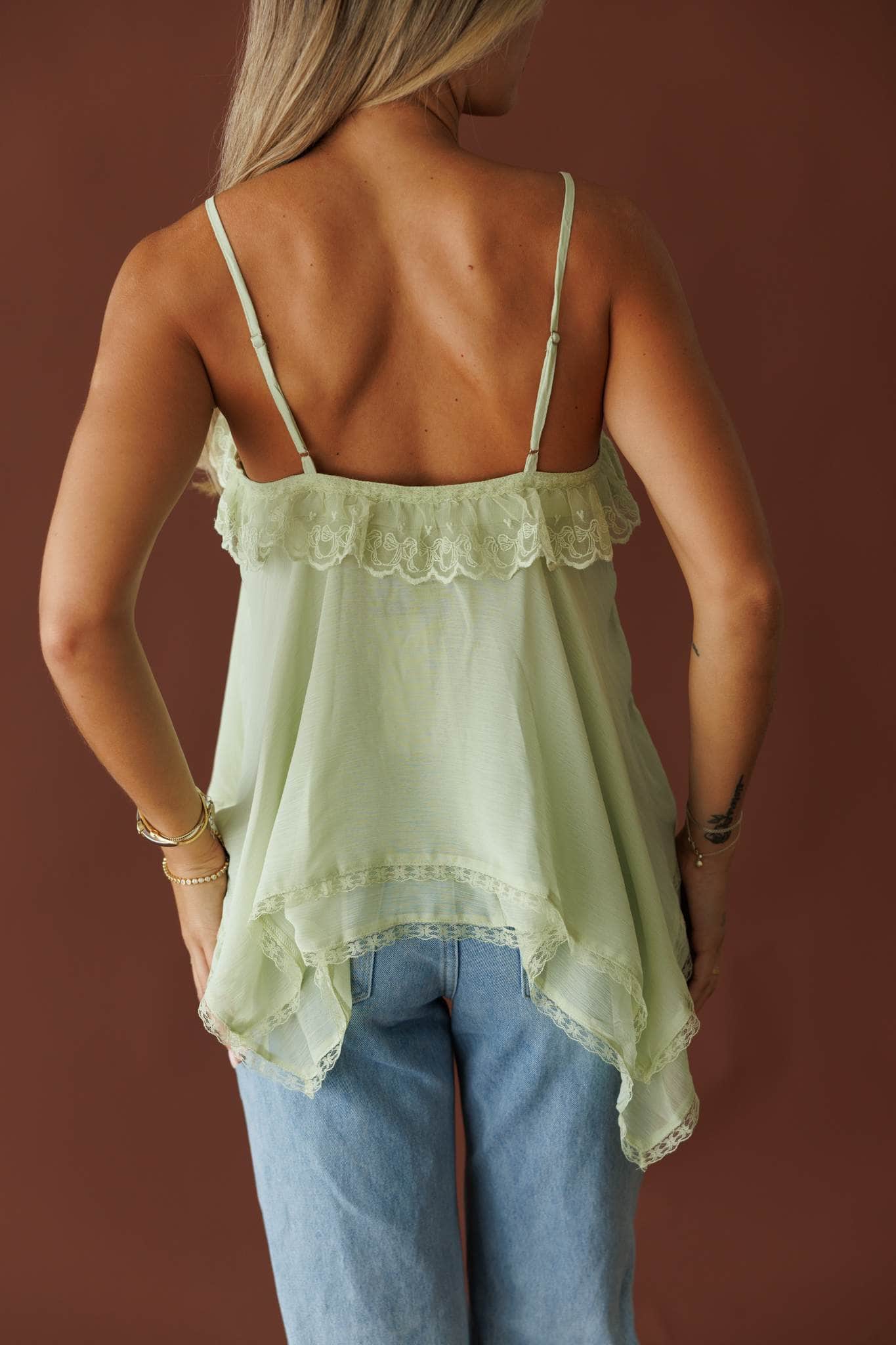 Light Sage Ruffle Lace Tank