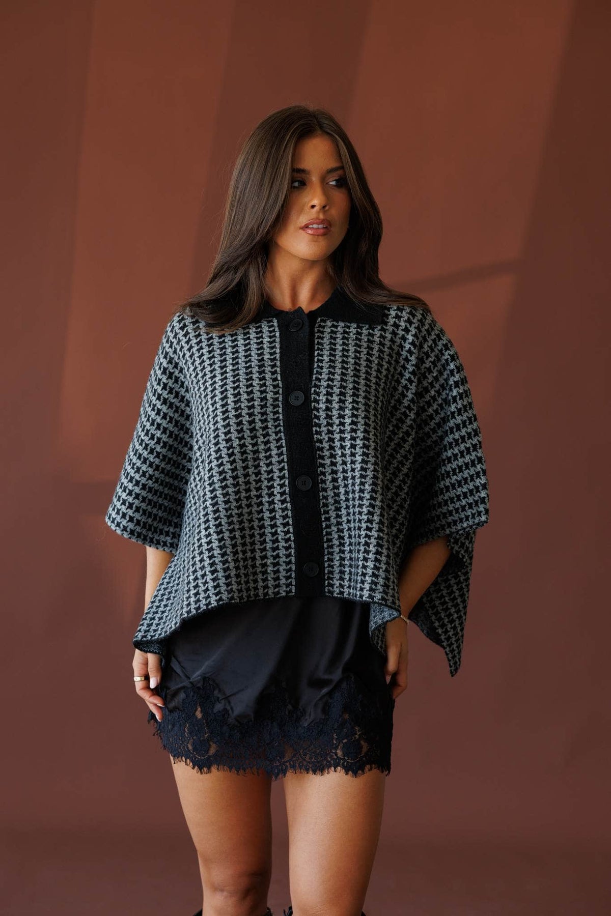 Heather grey and black poncho sweater