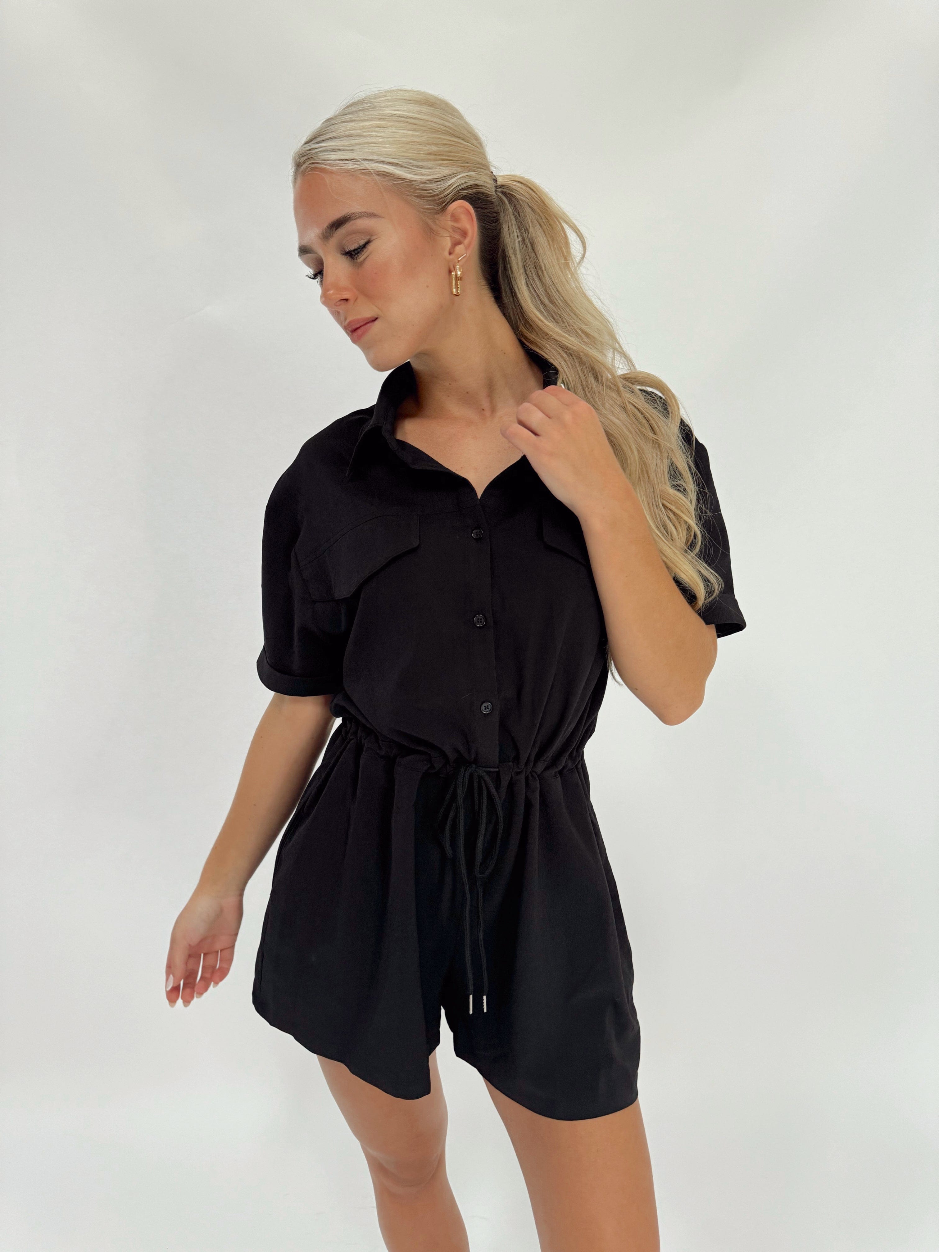 RA92786D short sleeve button down tie front romper Aakaa