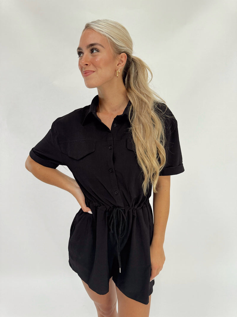 RA92786D short sleeve button down tie front romper Aakaa