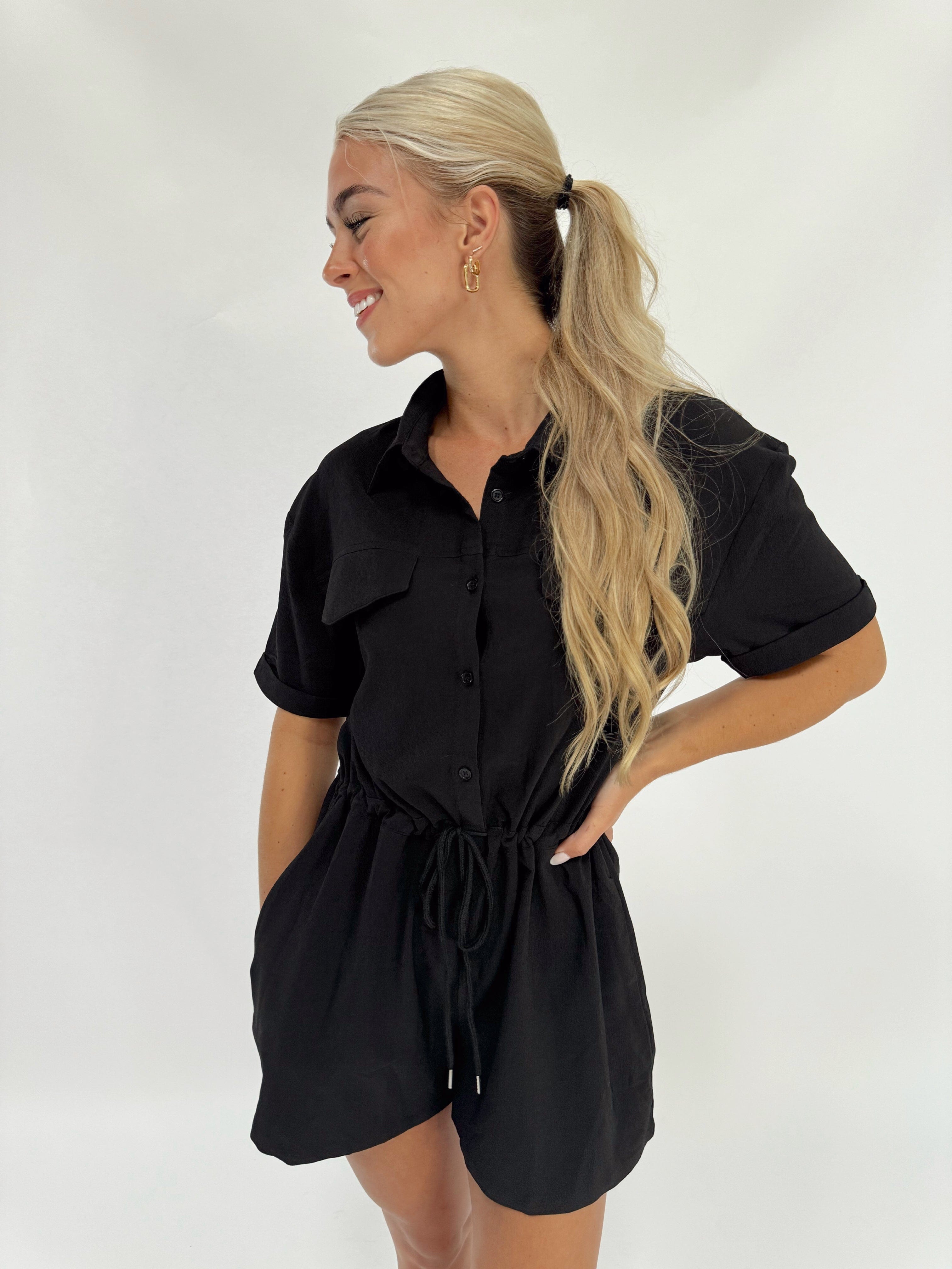 RA92786D short sleeve button down tie front romper Aakaa