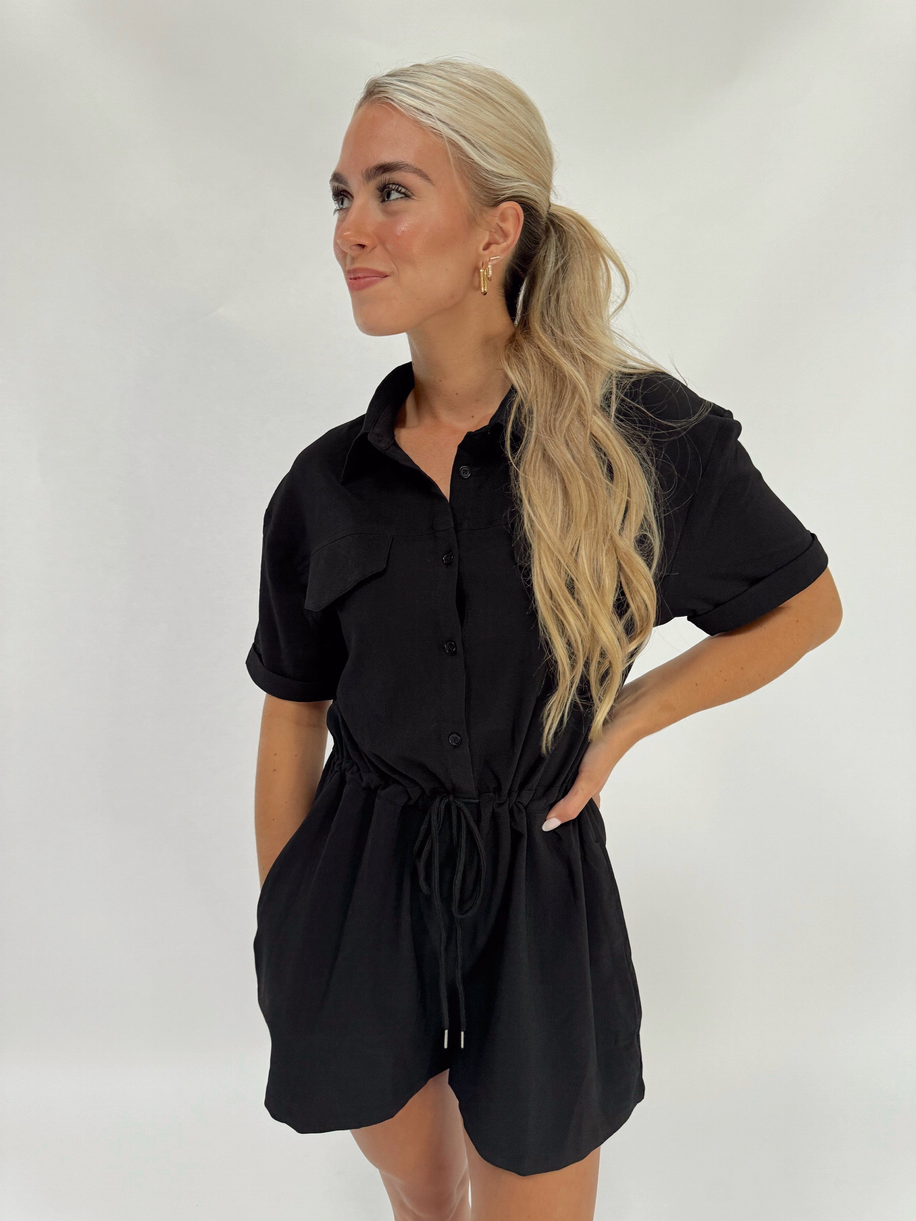 RA92786D short sleeve button down tie front romper Aakaa