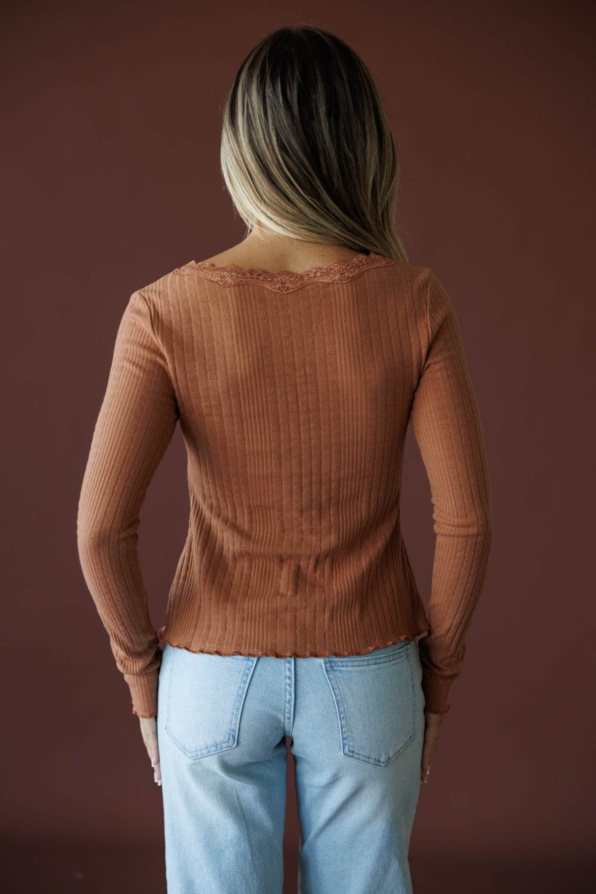 Reminisce Lace Top in sunburn, back view showing the fitted ribbed knit