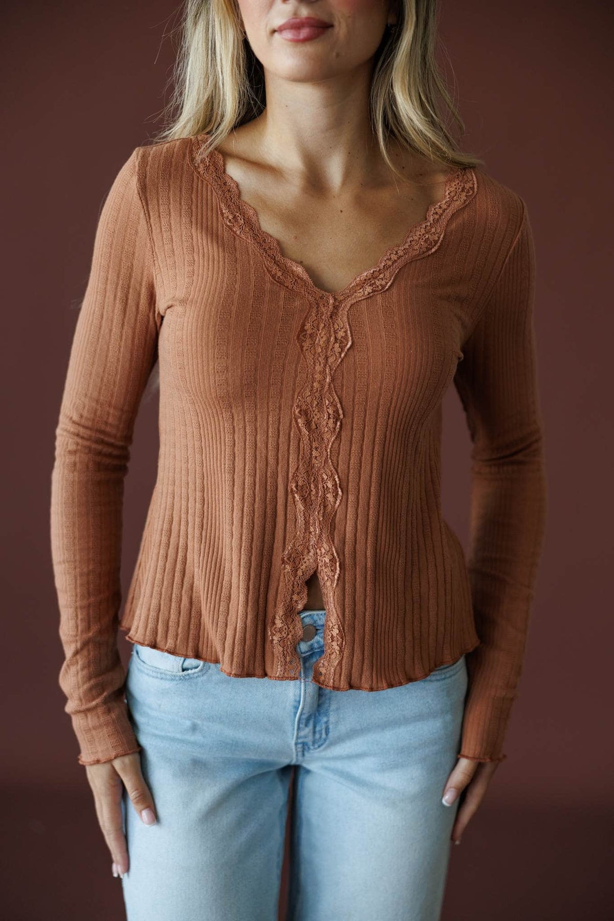 Reminisce Lace Top in sunburn, front close-up of the button front and lace trim