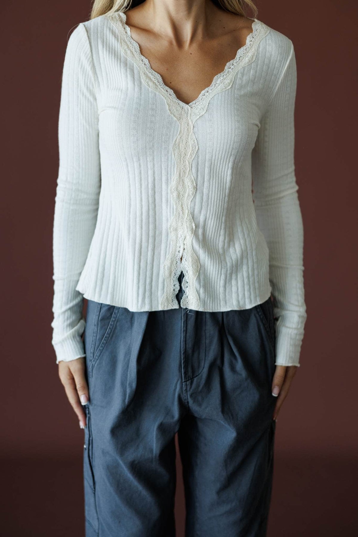 Reminisce Lace Top in cream, front close-up of the button front and lace trim