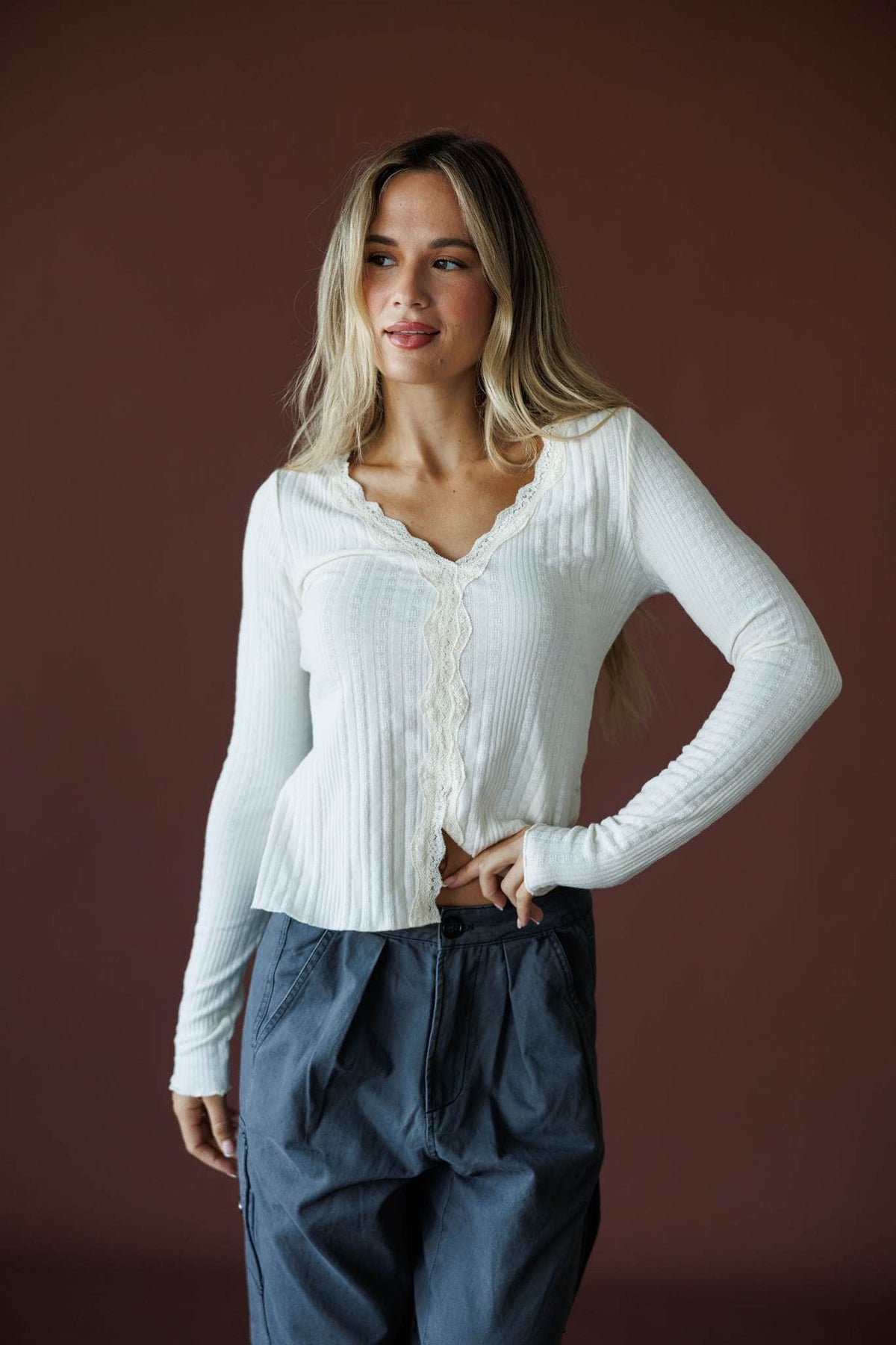 Reminisce Lace Top in cream, full-length view with slate blue wide leg pants