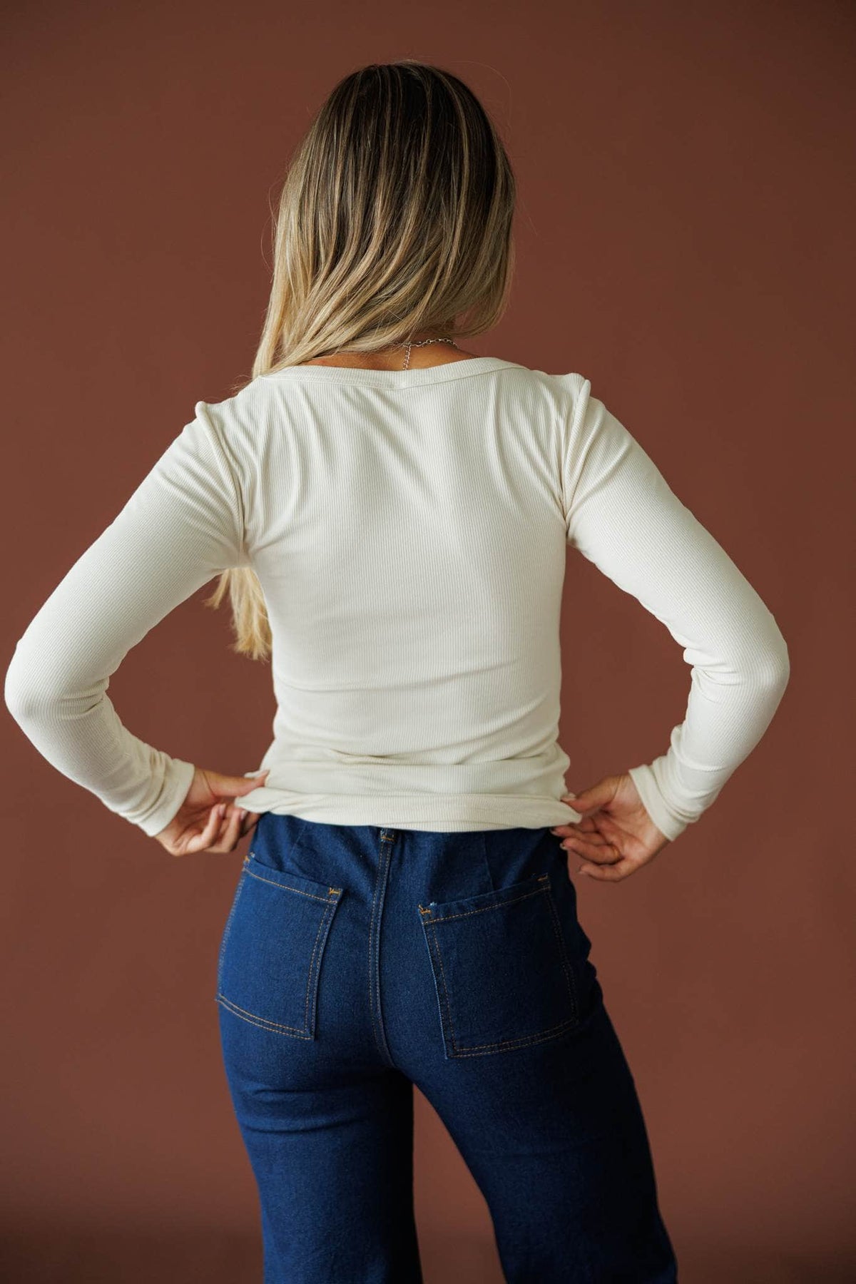 Ribbed Fitted Long Sleeve Top in natural, back view showing the scoop back