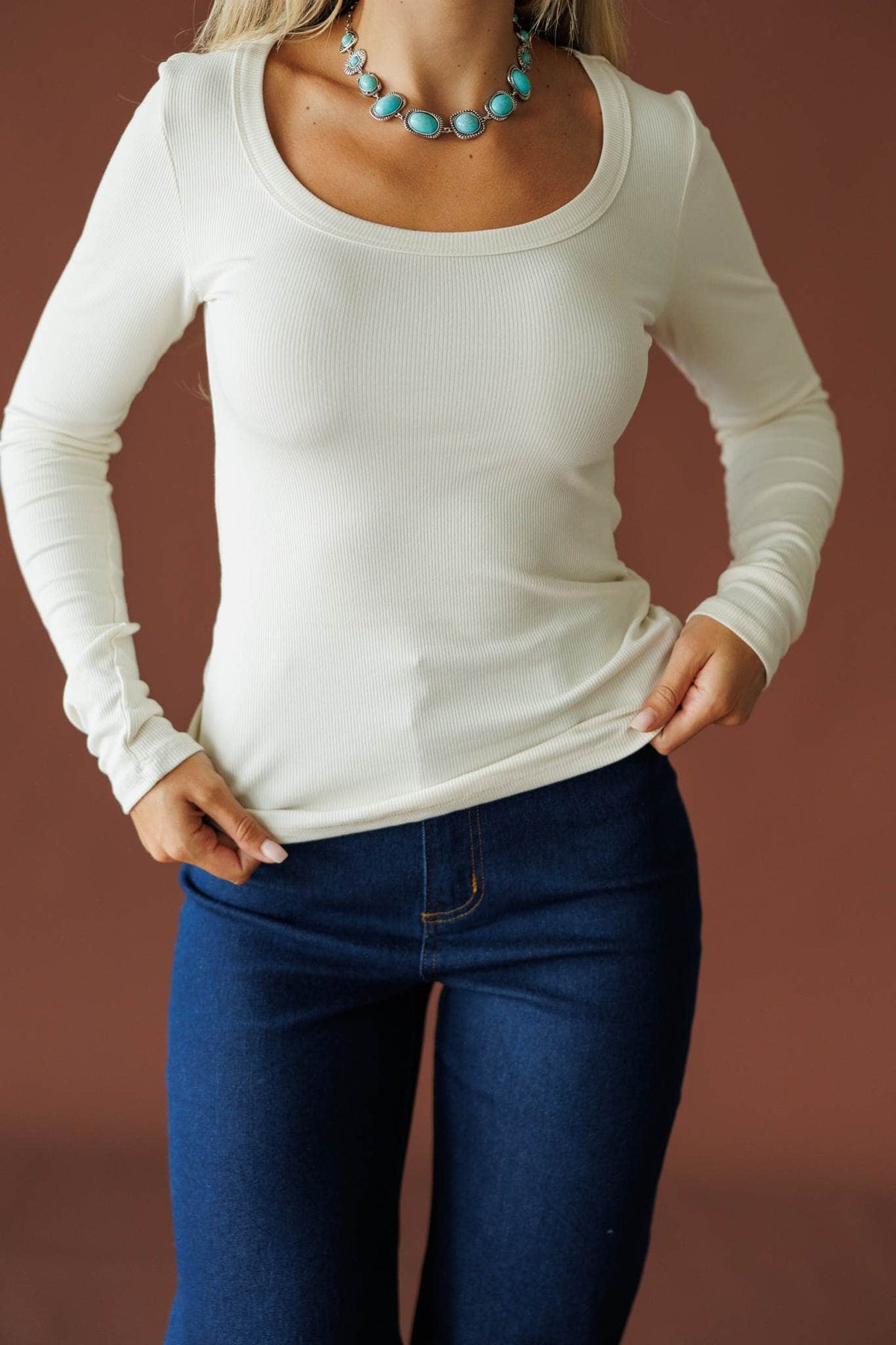 Ribbed Fitted Long Sleeve Top in natural, front close-up of the scoop neck and ribbed knit
