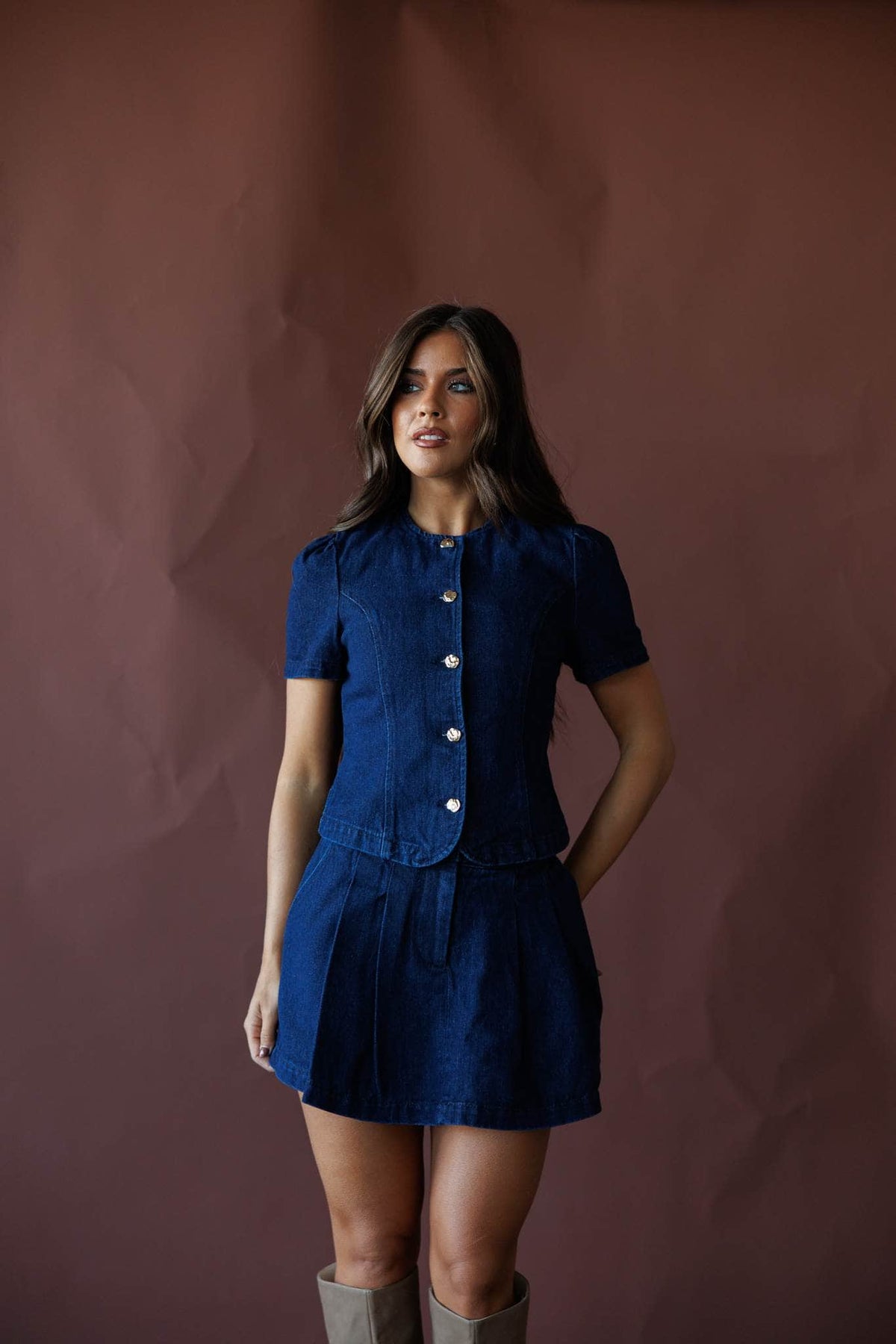 Dark denim pleated skort