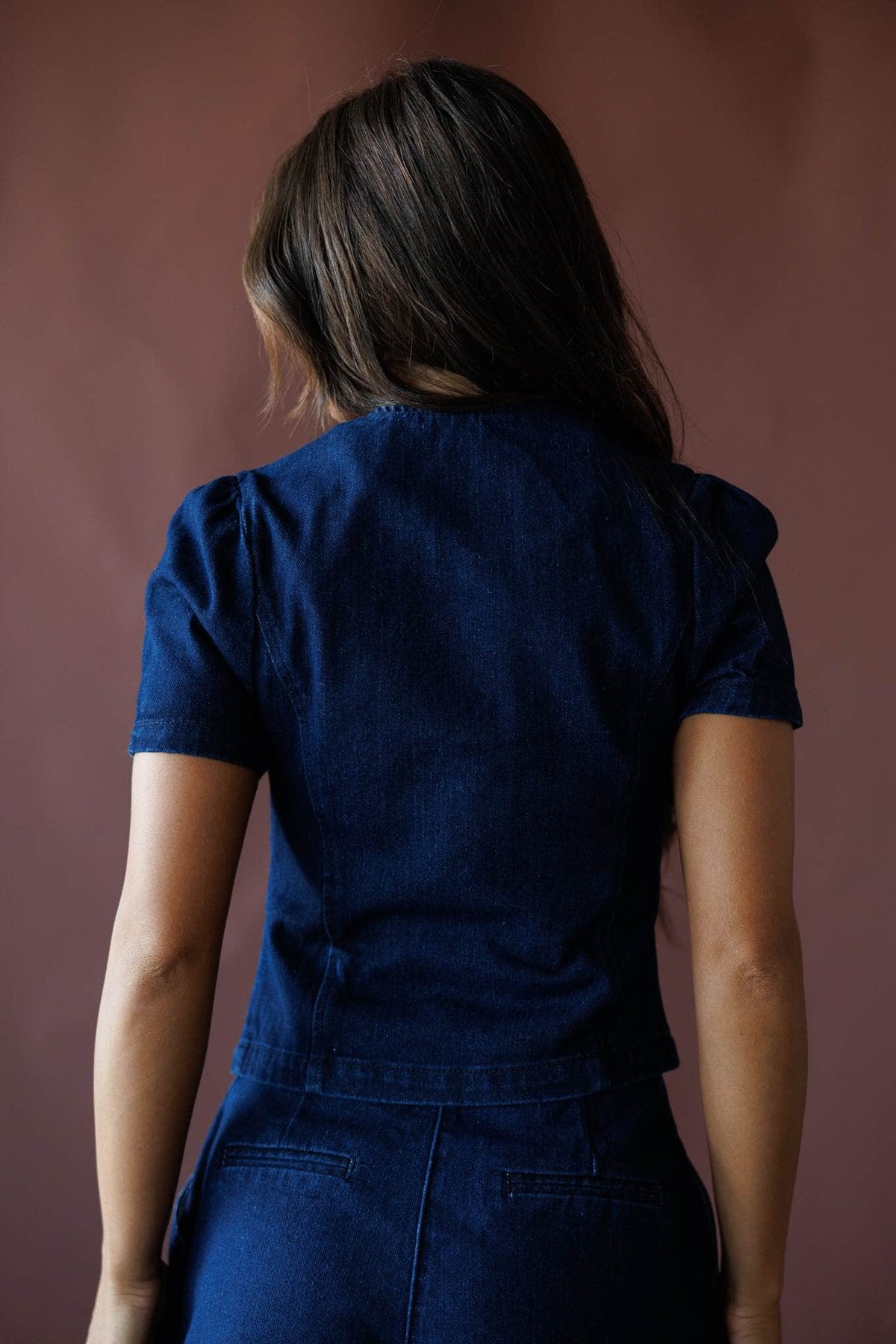 Dark denim button front top